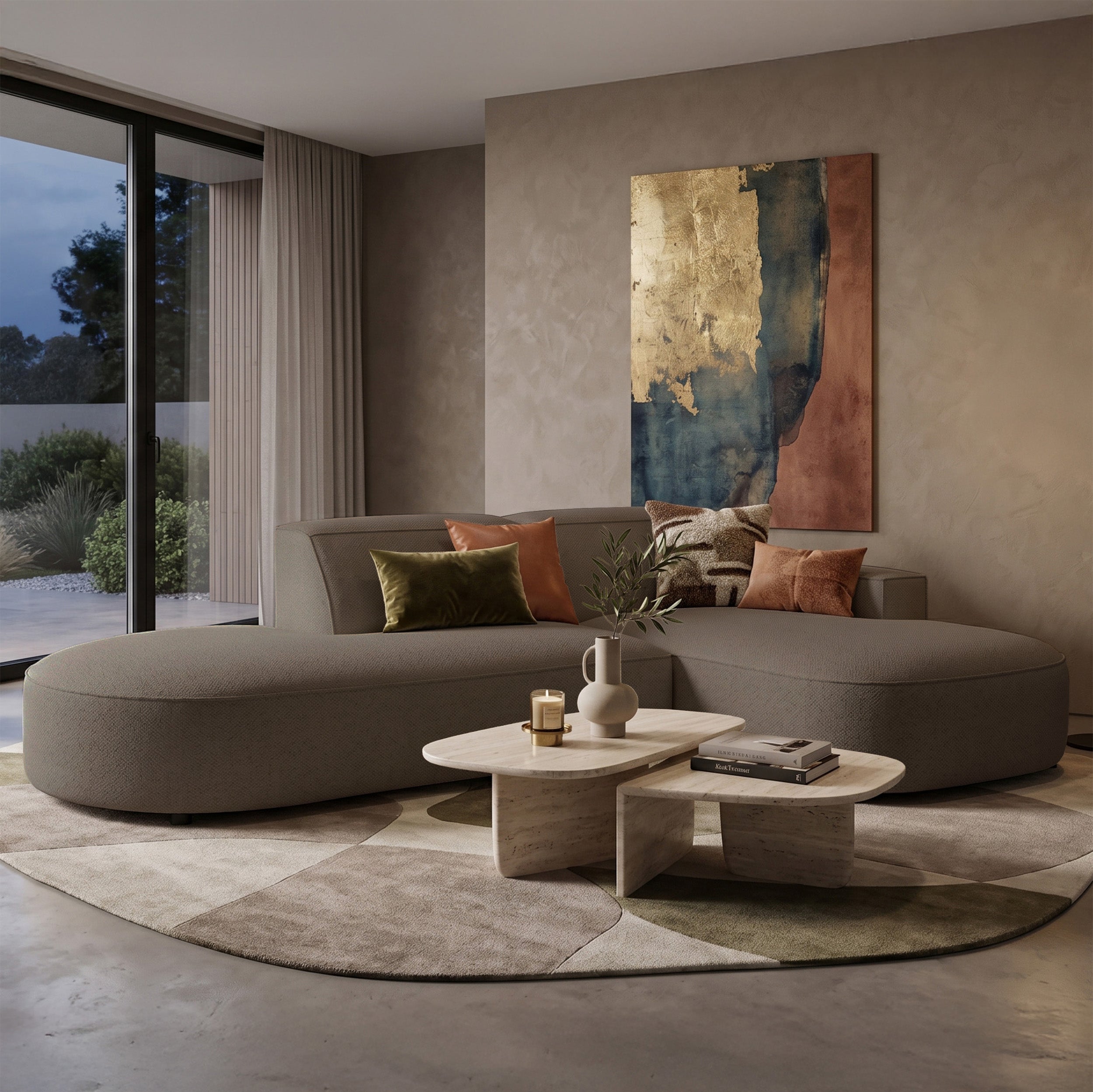 Modulares Ecksofa Sallmo L-förmig klein, rechtsseitig, hellbrauner hydrophober Chenille-Stoff