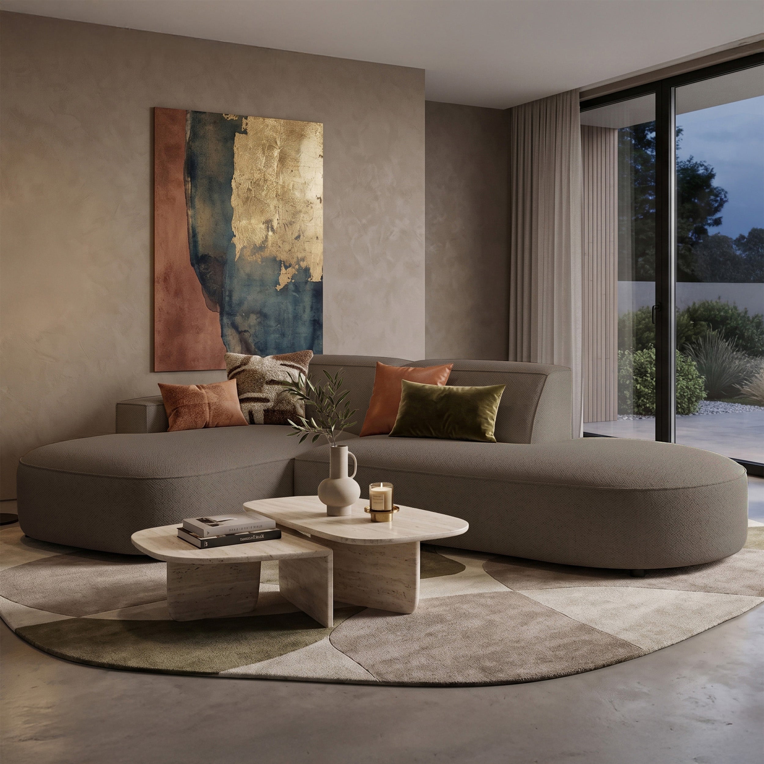 Modulares Ecksofa Sallmo L-förmig klein, linksseitig, hellbrauner hydrophober Chenille-Stoff