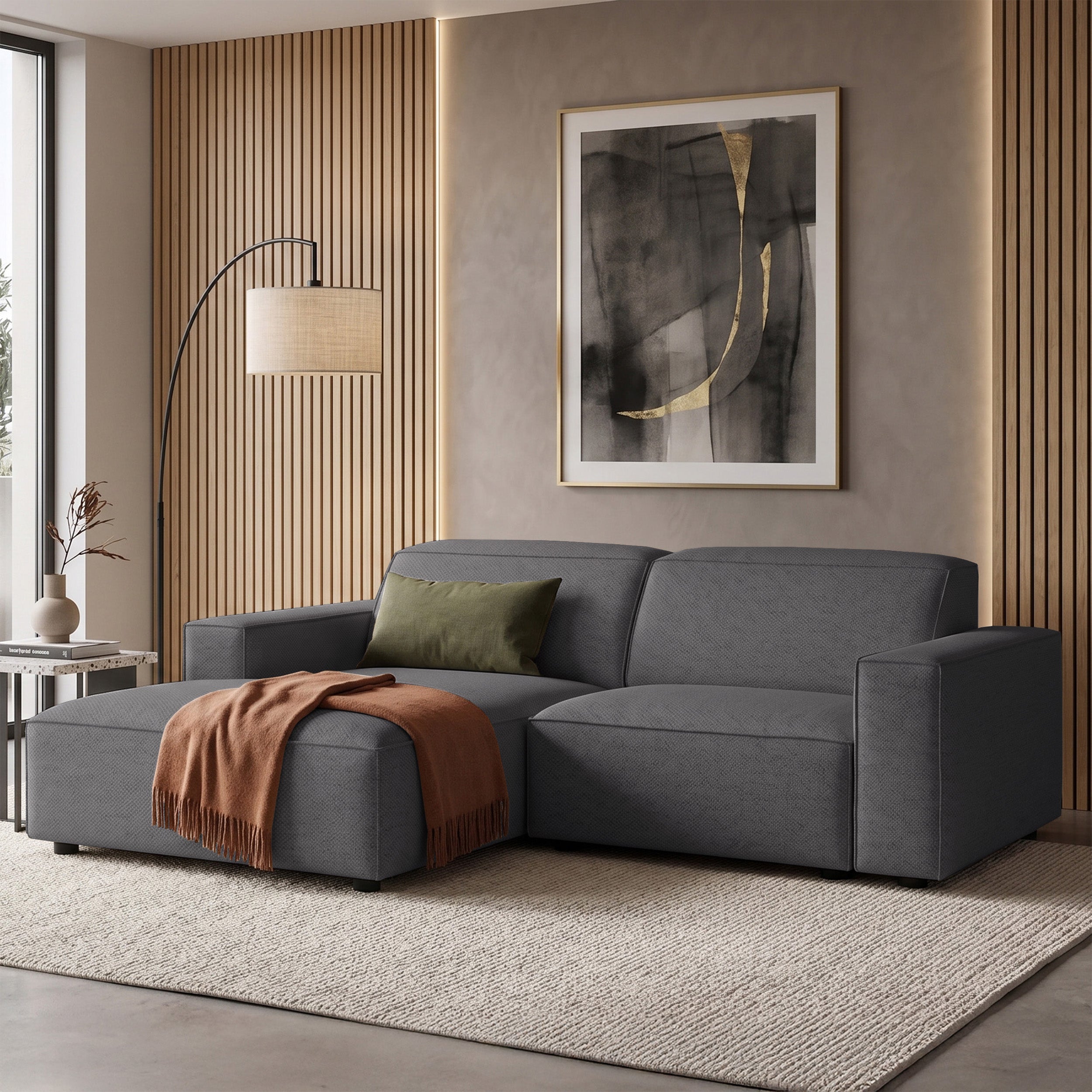 Modulares Ecksofa Sellmo L-förmig klein, linksseitig, dunkelgrauer hydrophober Chenillestoff