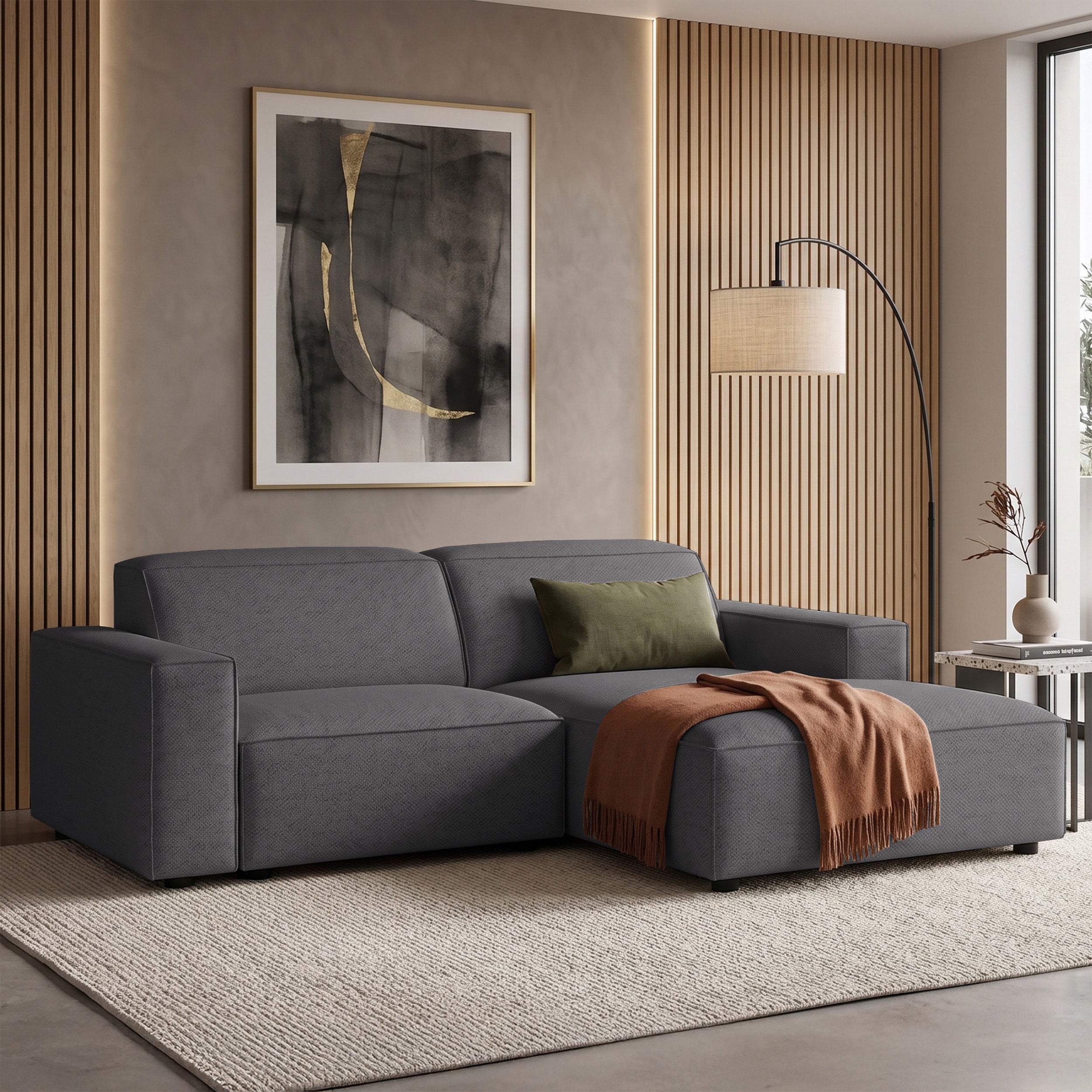 Modulares Ecksofa Sellmo L-förmig klein, rechtsseitig, dunkelgrauer hydrophober Chenillestoff