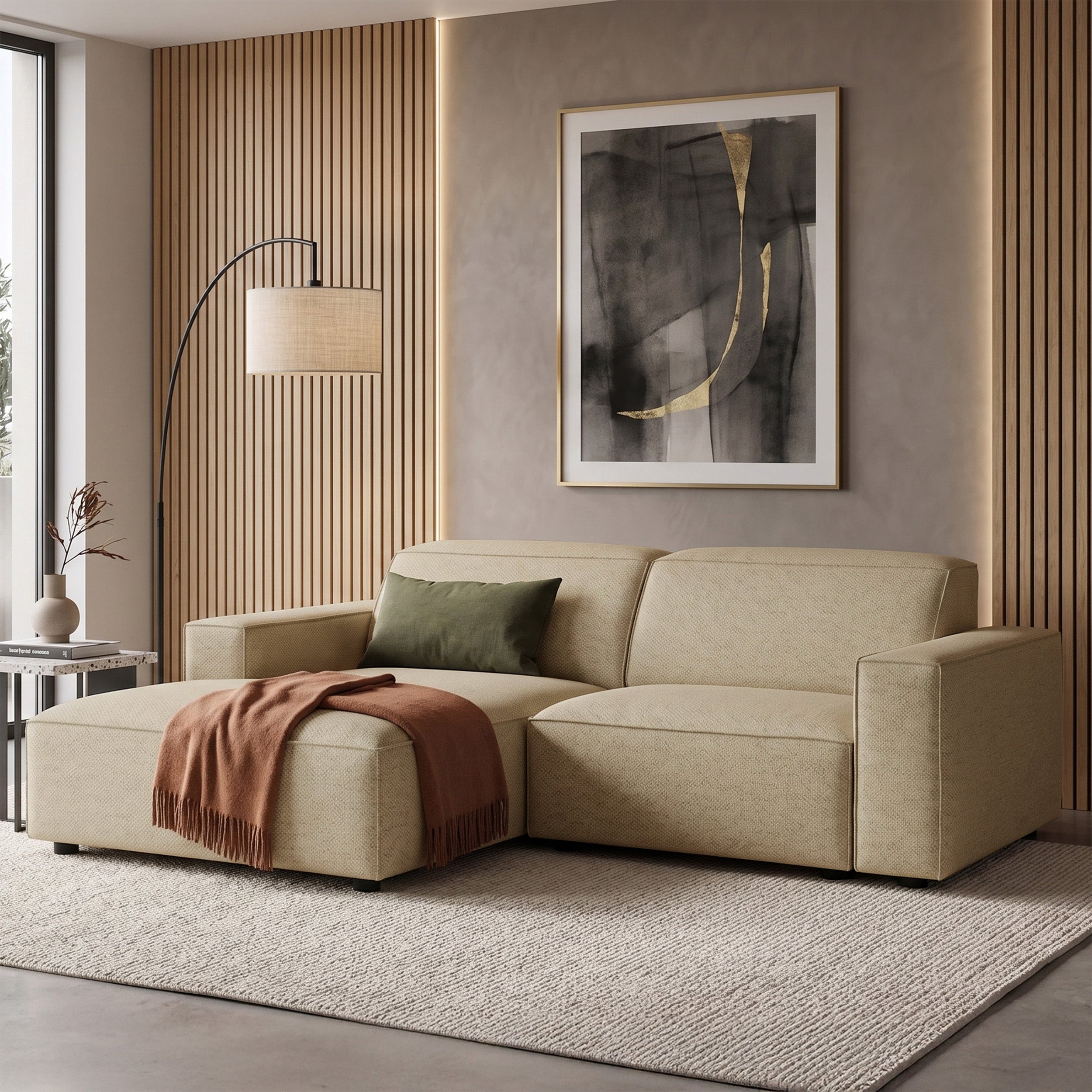 Modulares Ecksofa Sellmo, kleines L-förmiges, linksseitiges, dunkelbeiges, hydrophobes Chenille
