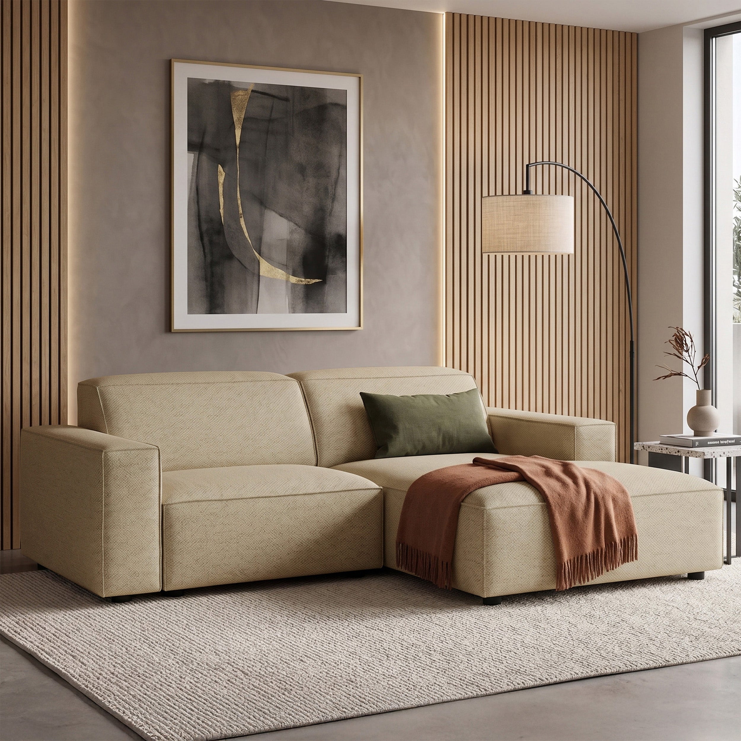 Modulares Ecksofa Sellmo, kleines L-förmiges, rechtsseitiges, dunkelbeiges, hydrophobes Chenille-Gewebe