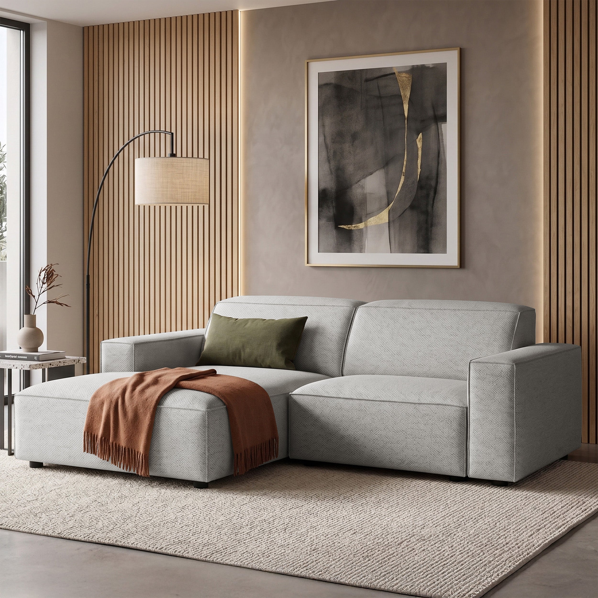Modulares Ecksofa Sellmo, kleines L-förmiges, linksseitiges, hellgraues, hydrophobes Chenille