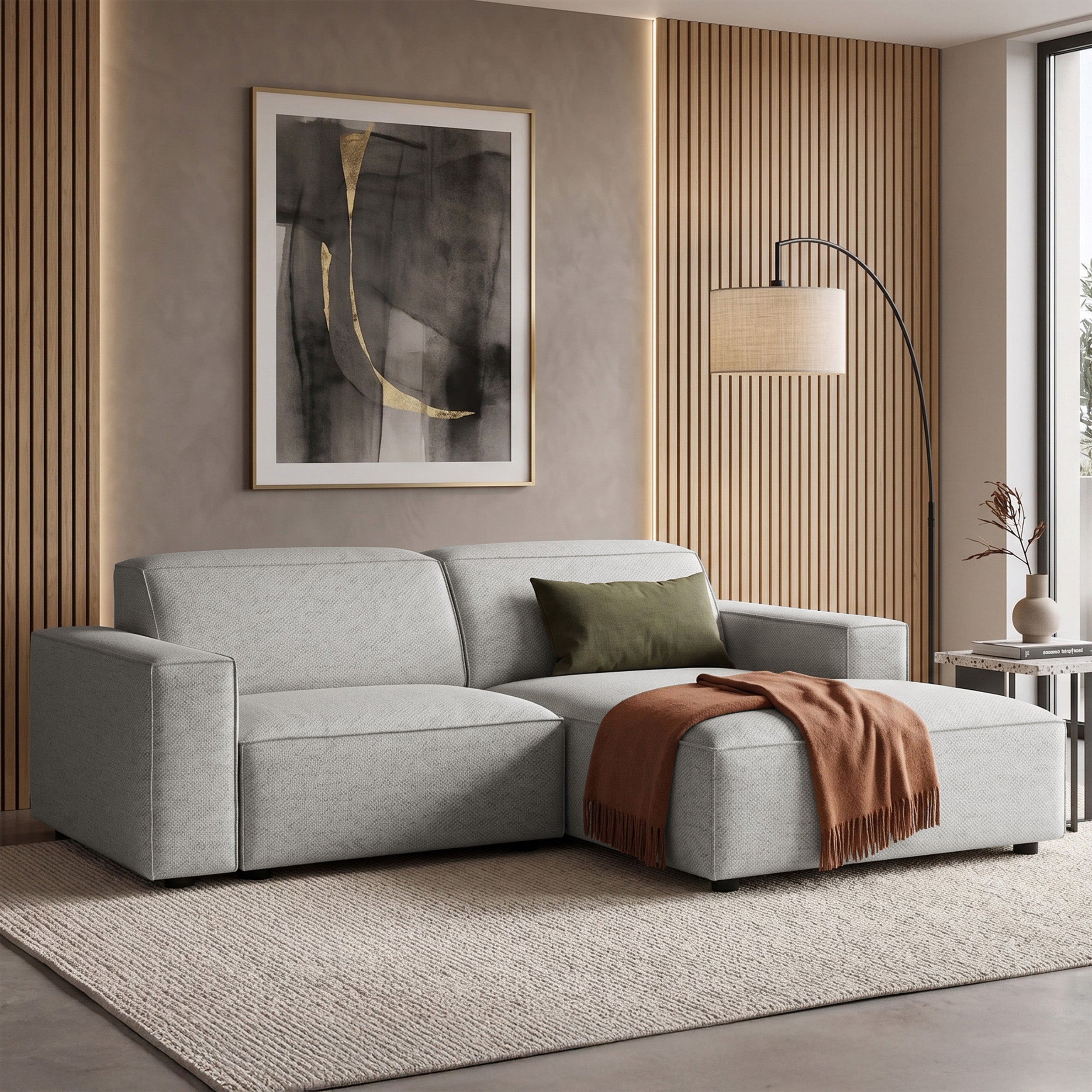 Modulares Ecksofa Sellmo, kleines L-förmiges, rechtsseitiges, hellgraues, hydrophobes Chenille
