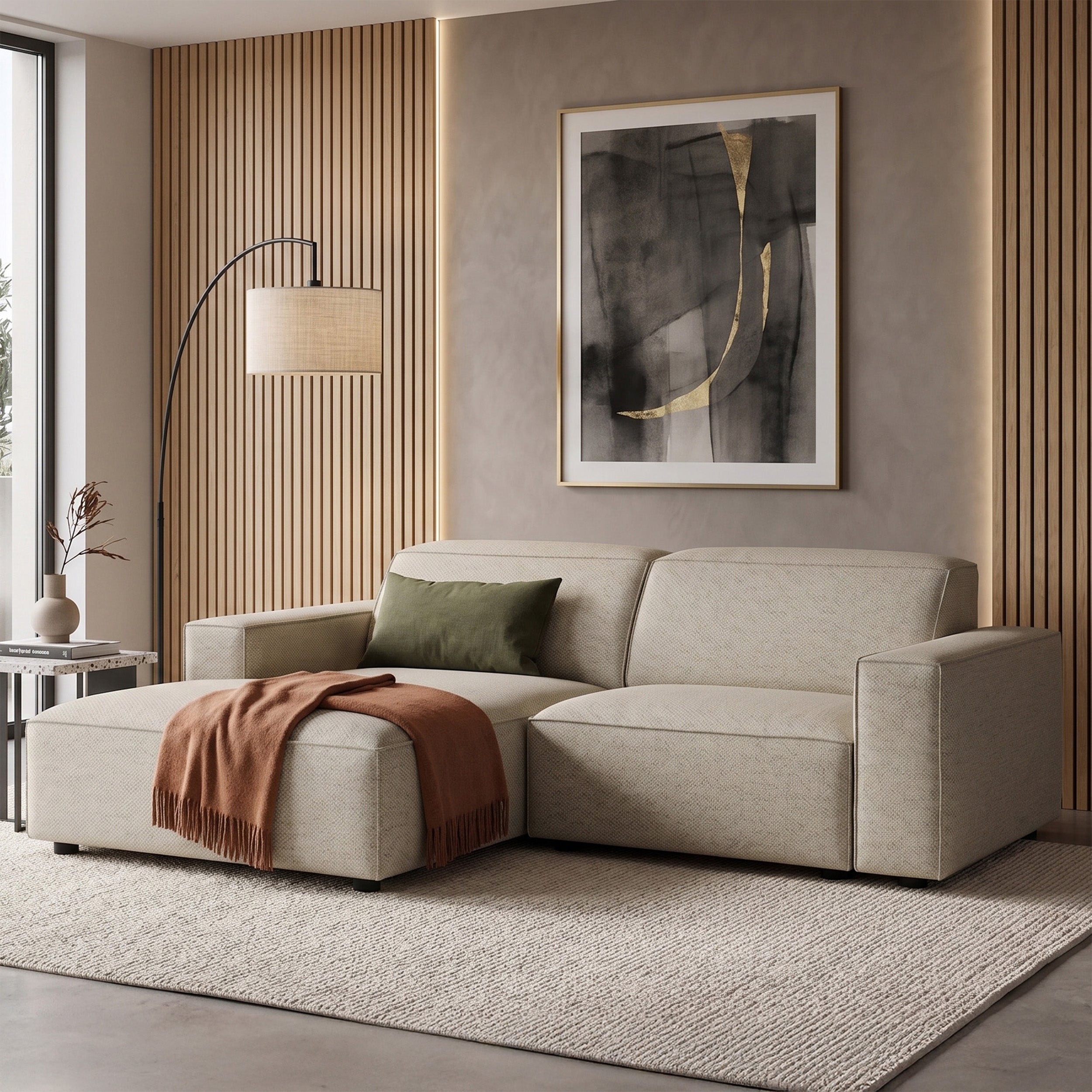 Modulare Eckcouch Sellmo L-förmig klein linksseitig, grau-beige, hydrophobes Chenille