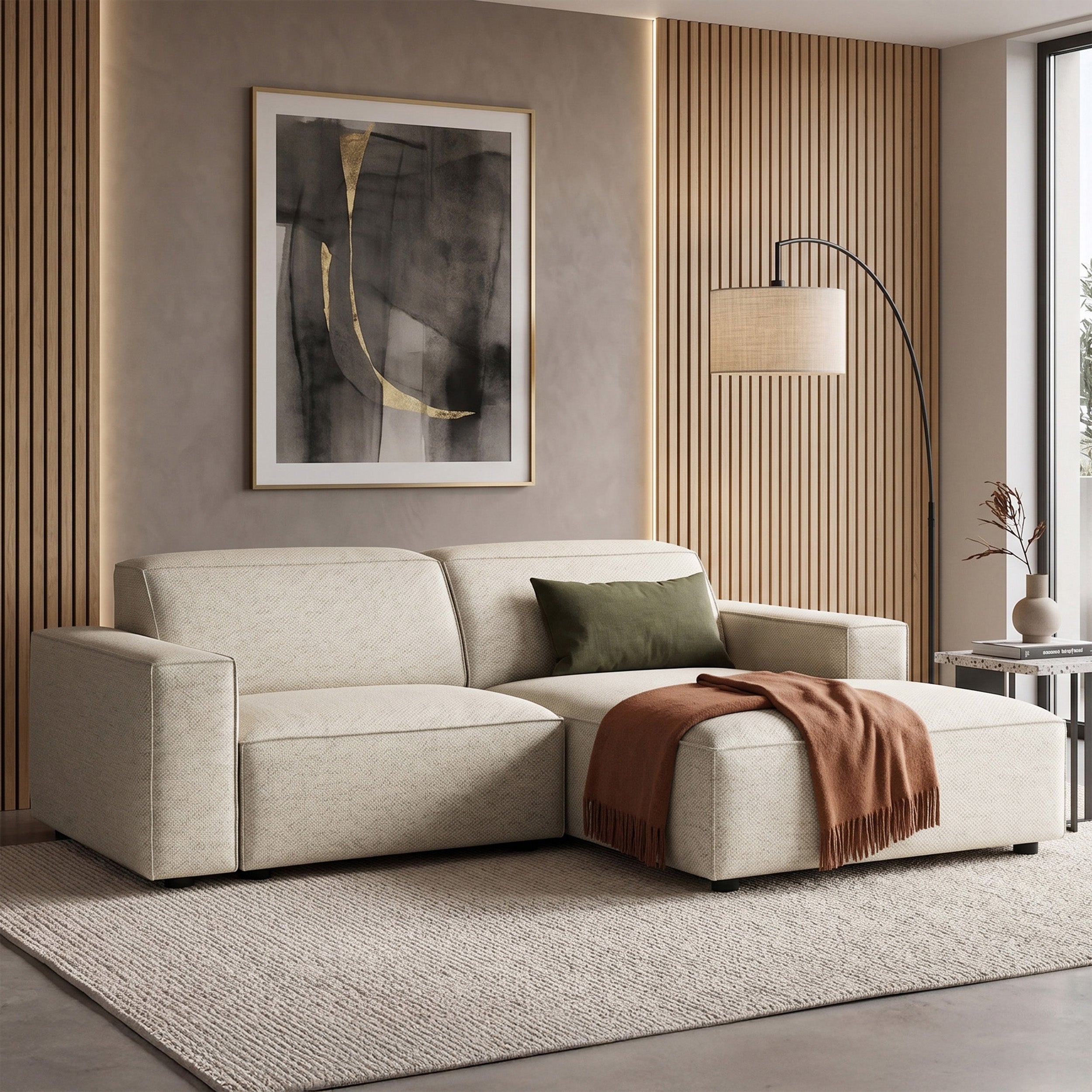Modulares Ecksofa Sellmo, kleines L-förmiges, rechtsseitiges Modell, cremefarben, hydrophober Chenille-Stoff