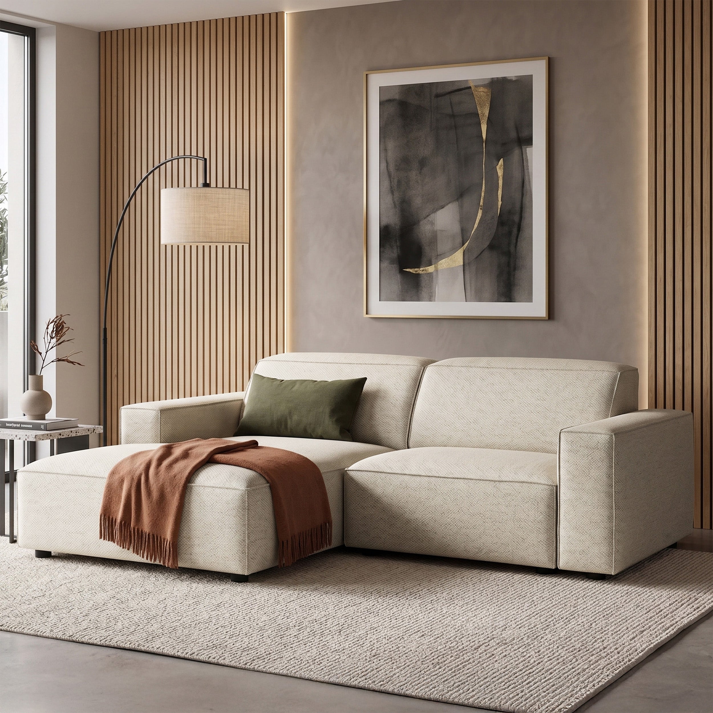 Modulares Ecksofa Sellmo, kleines L-förmiges, linkes Modell, cremefarben, hydrophobes Chenille