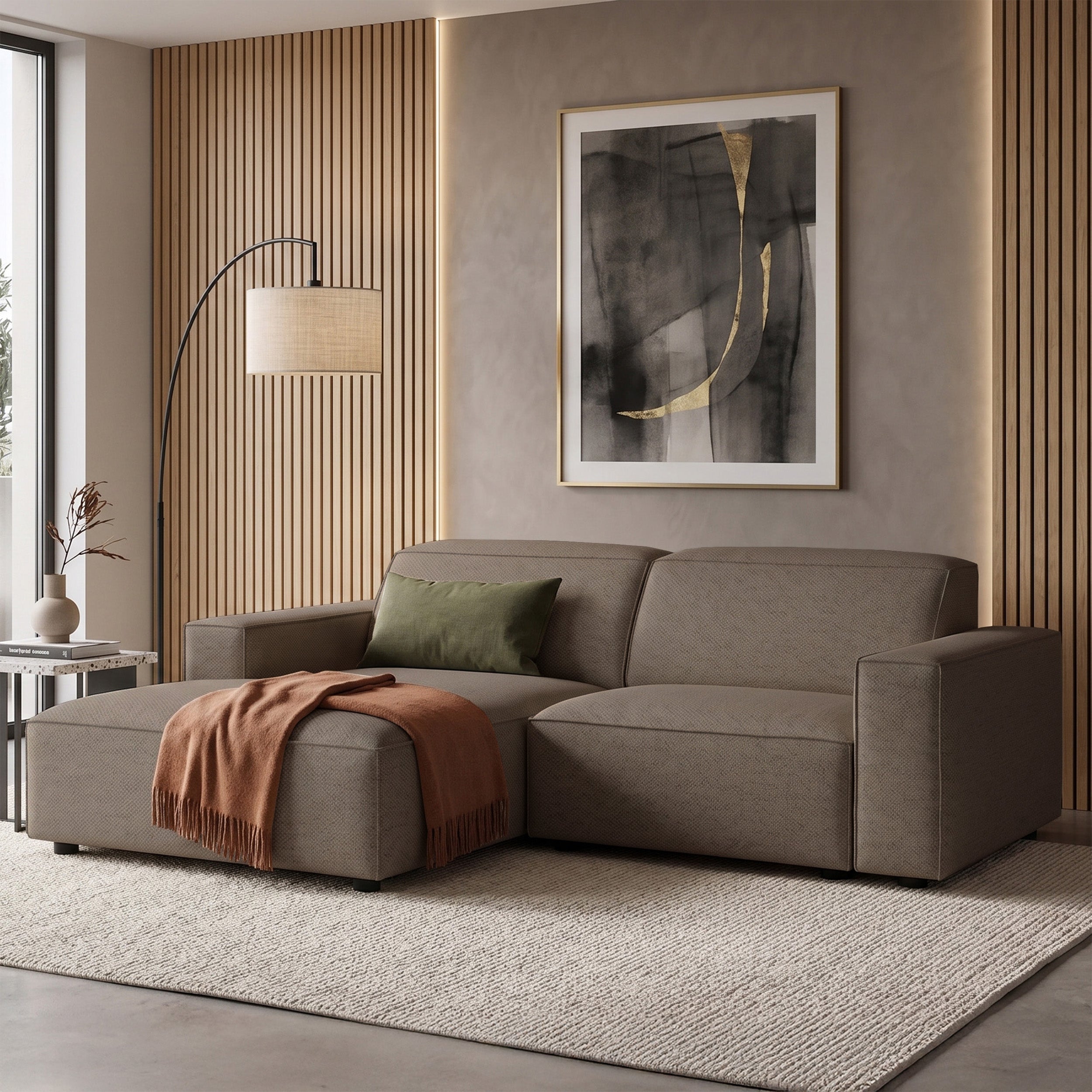 Modulares Ecksofa Sellmo, kleines L-förmiges Modell, linksseitig, hellbrauner hydrophober Chenille-Stoff
