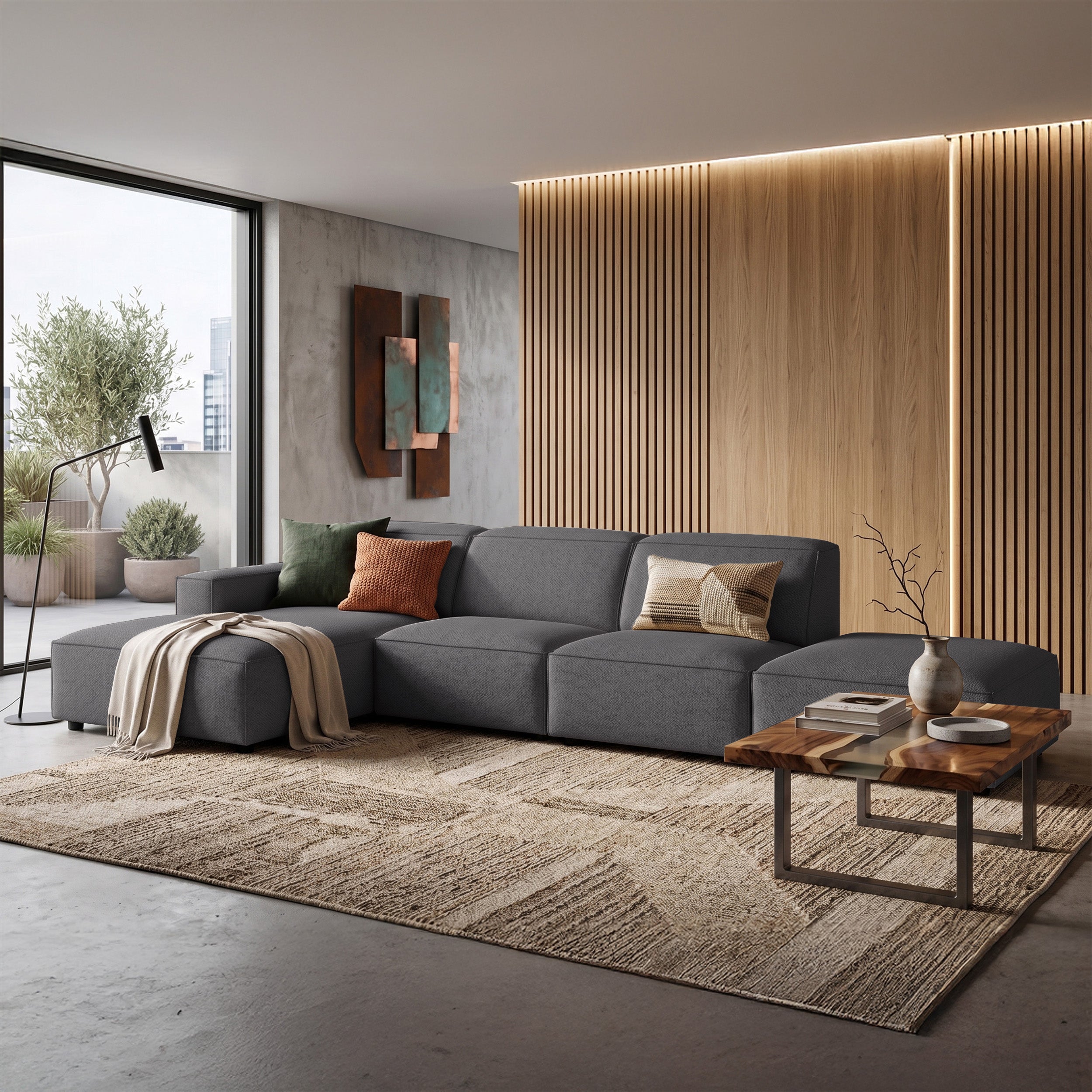 Modulares Ecksofa Sellmo, L-förmig mit Hocker, linksseitig, dunkelgrauer hydrophober Chenille-Stoff