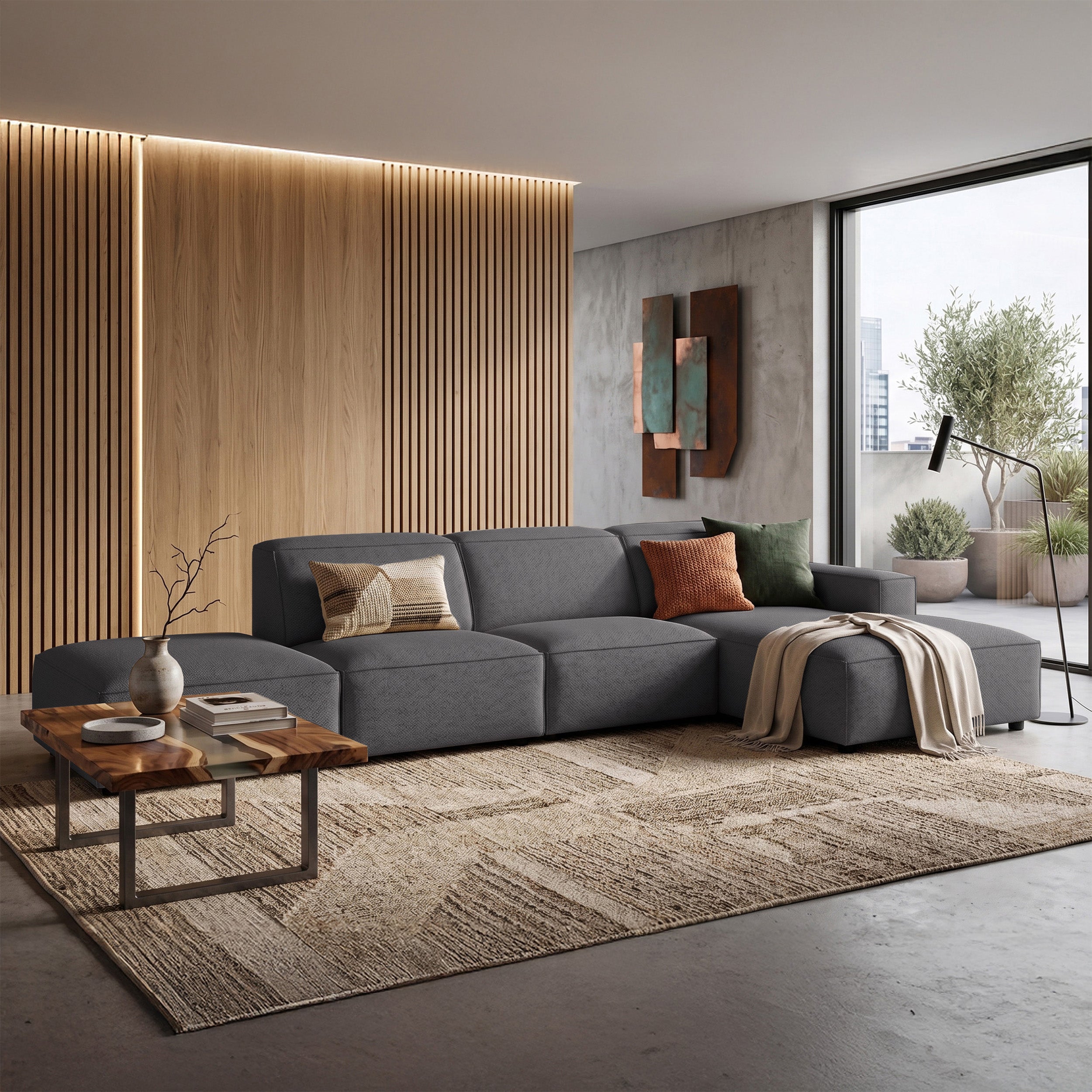 Modulares Ecksofa Sellmo L-förmig mit Hocker, rechtsseitig, dunkelgrauer hydrophober Chenille-Stoff
