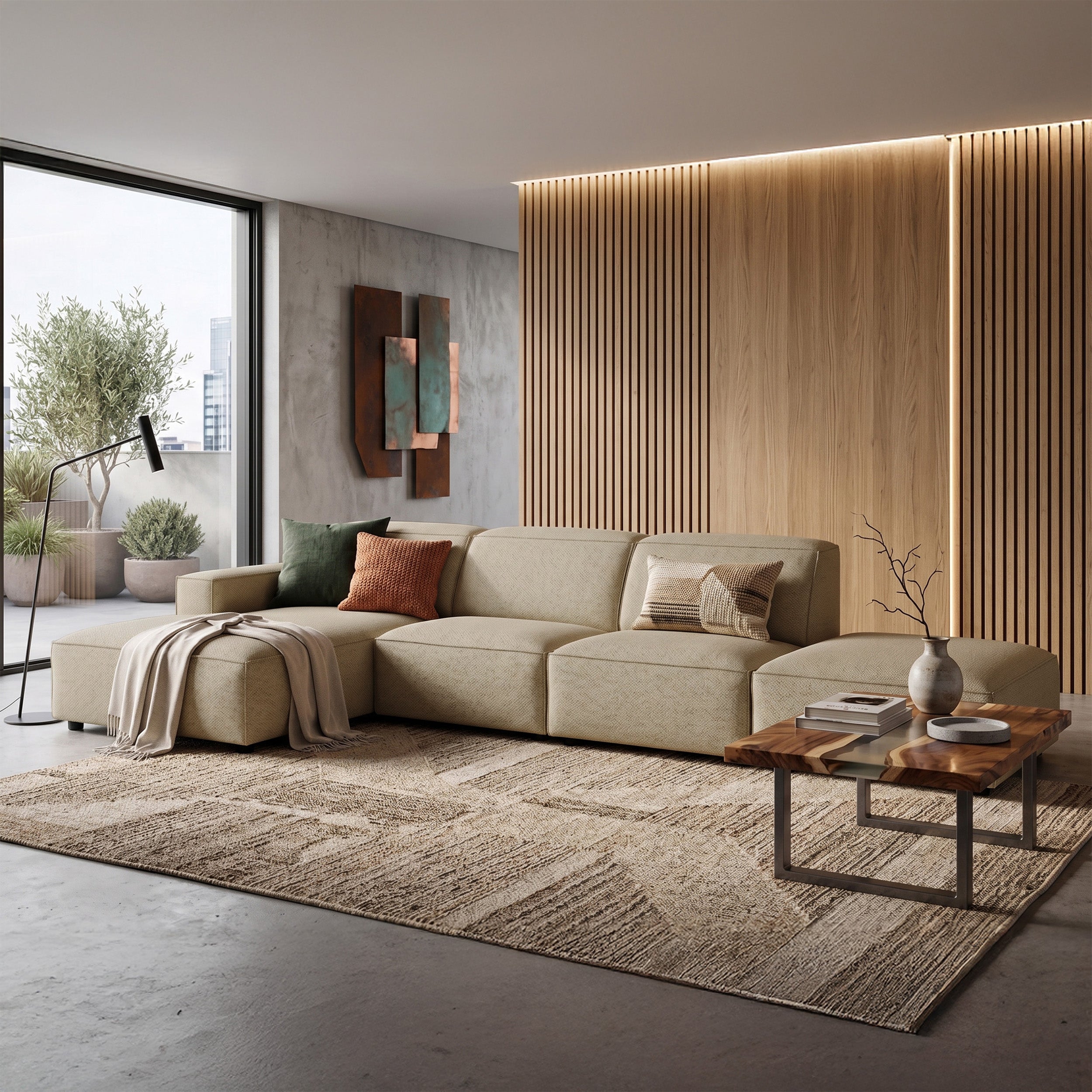 Modulares Ecksofa Sellmo, L-förmig, mit Hocker, linksseitig, dunkelbeige, hydrophobes Chenille