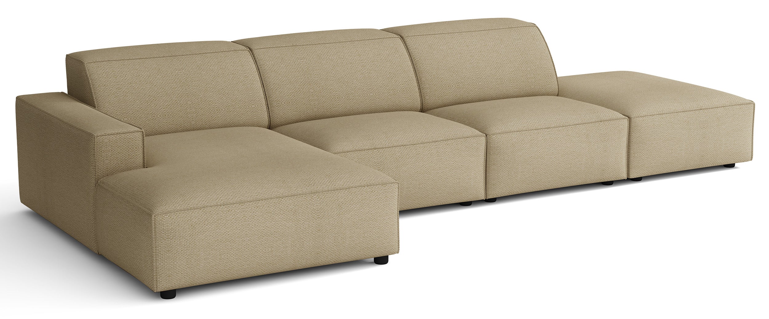 Modulares Ecksofa Sellmo, L-förmig, mit Hocker, linksseitig, dunkelbeige, hydrophobes Chenille
