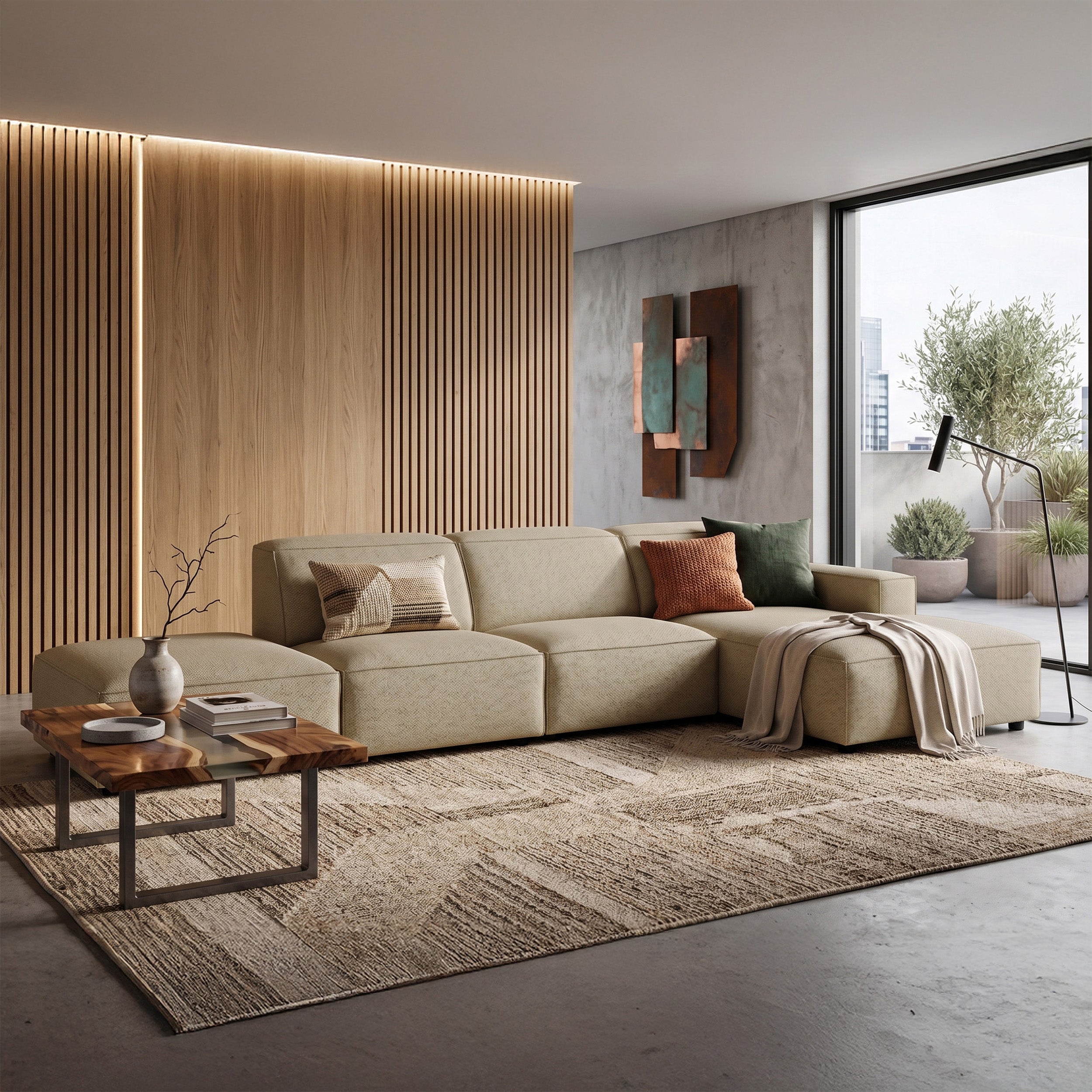 Modulares Ecksofa Sellmo in L-Form mit Pouf, rechtsseitig, dunkelbeige, hydrofober Chenille-Stoff