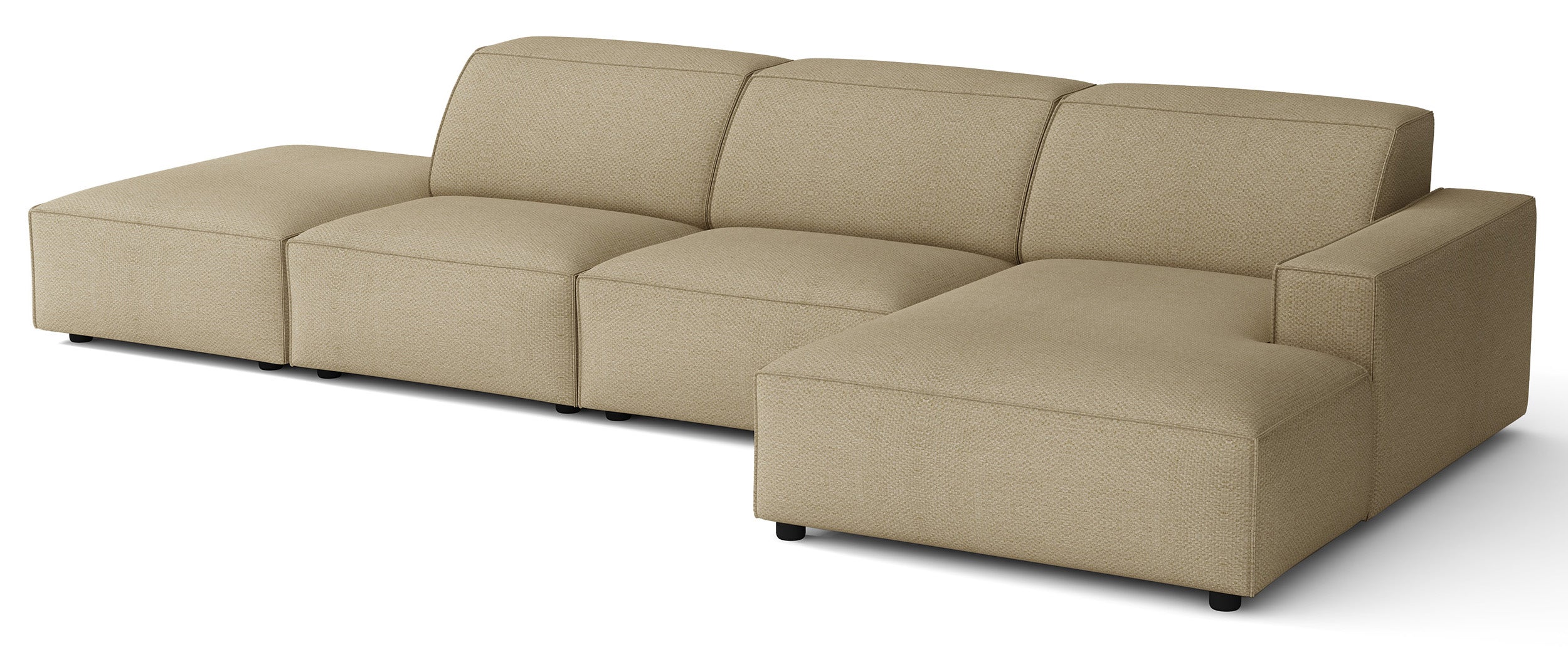 Modulares Ecksofa Sellmo in L-Form mit Pouf, rechtsseitig, dunkelbeige, hydrofober Chenille-Stoff