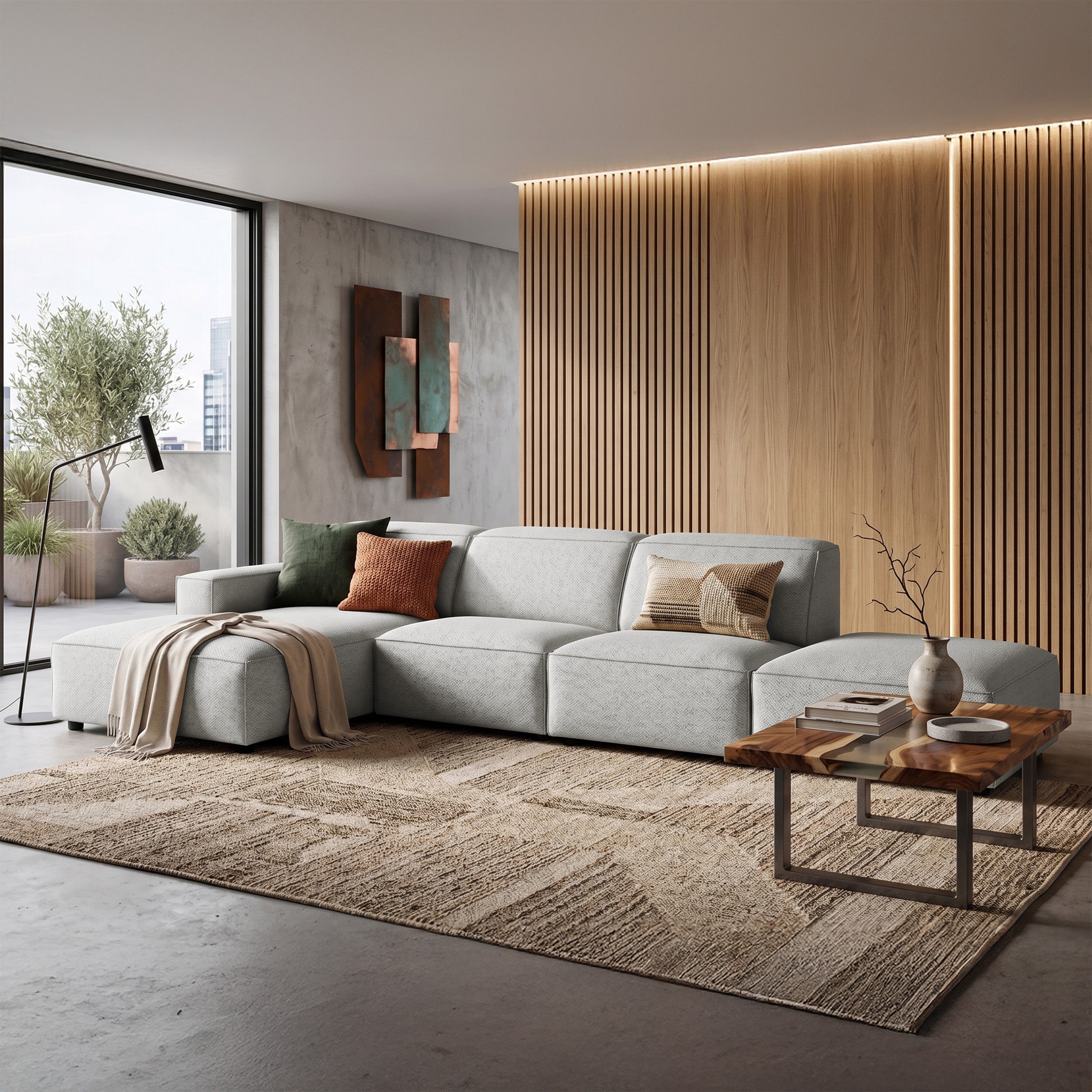 Modulares Ecksofa Sellmo, L-förmig mit Pouf, linksseitig, hellgrauer hydrophober Chenillestoff