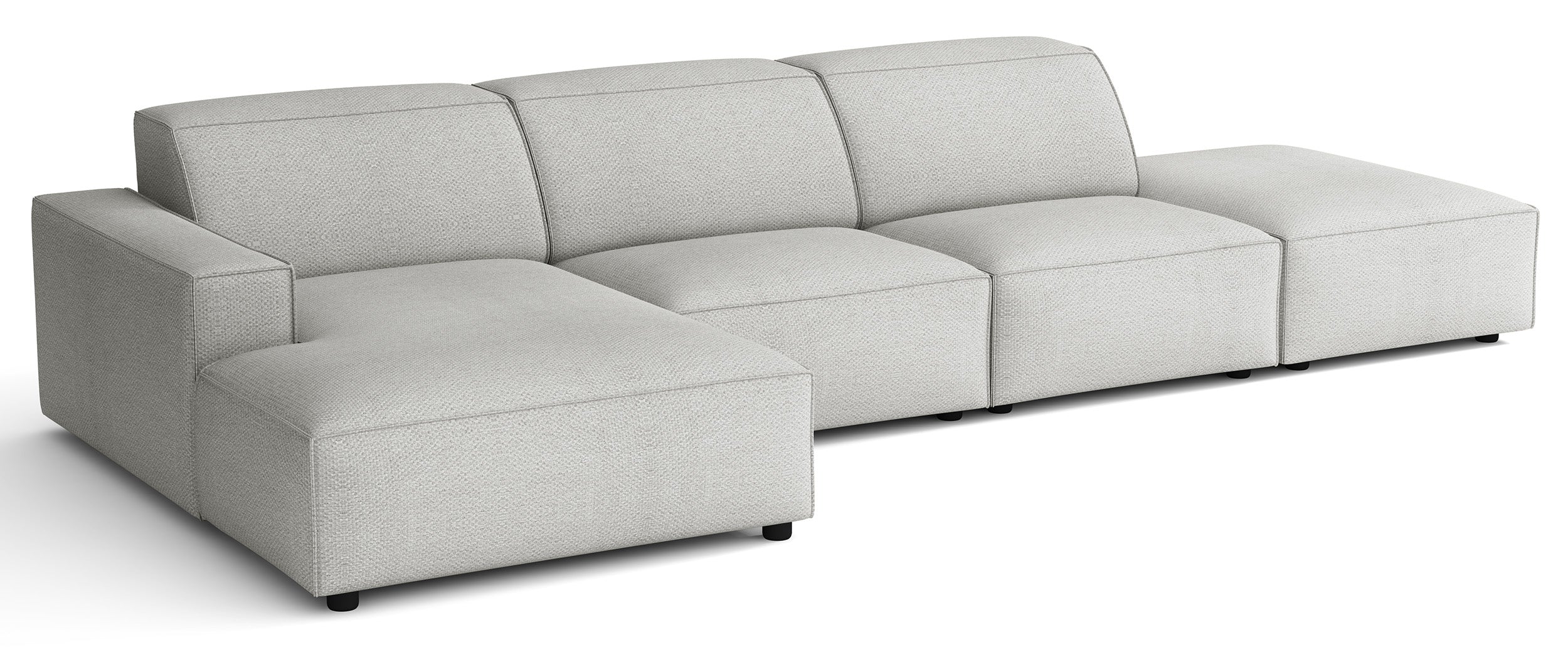 Modulares Ecksofa Sellmo, L-förmig mit Pouf, linksseitig, hellgrauer hydrophober Chenillestoff
