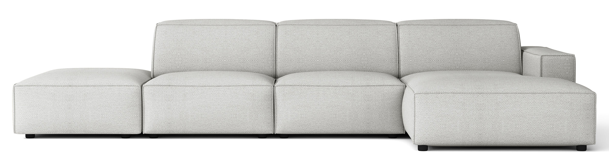 Modulares Ecksofa Sellmo, L-förmig, mit Pouf, rechtsseitig, hellgrauer hydrophober Chenille-Stoff