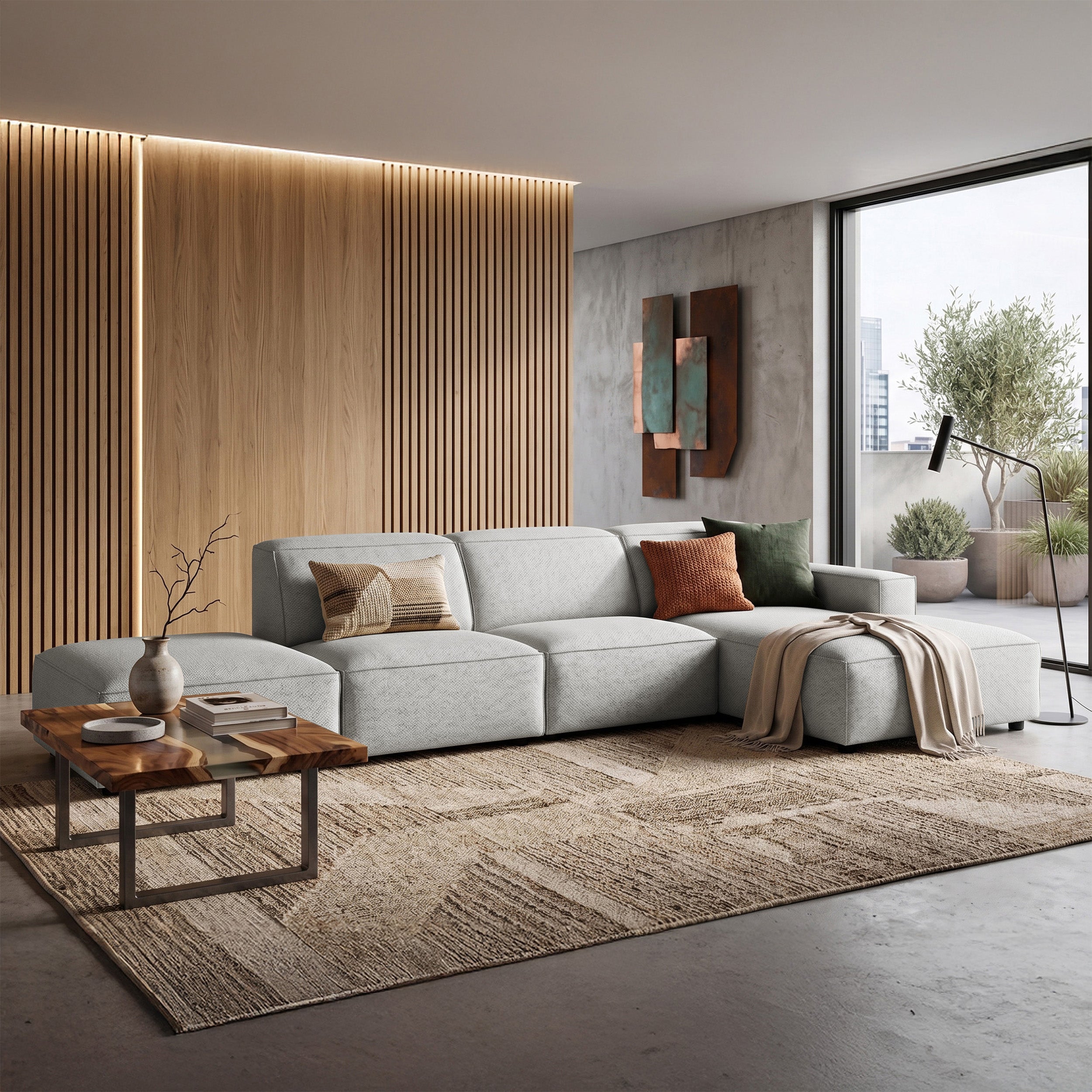 Modulares Ecksofa Sellmo, L-förmig, mit Pouf, rechtsseitig, hellgrauer hydrophober Chenille-Stoff