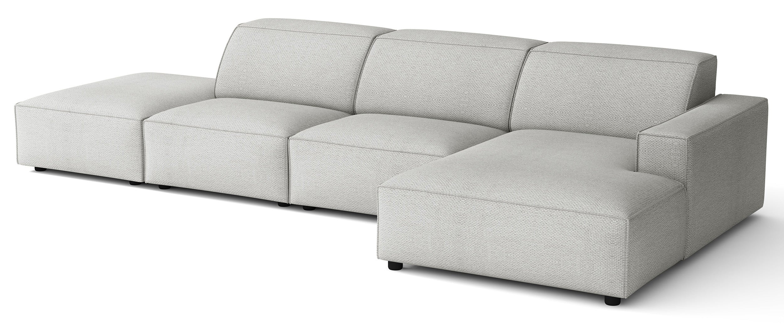 Modulares Ecksofa Sellmo, L-förmig, mit Pouf, rechtsseitig, hellgrauer hydrophober Chenille-Stoff