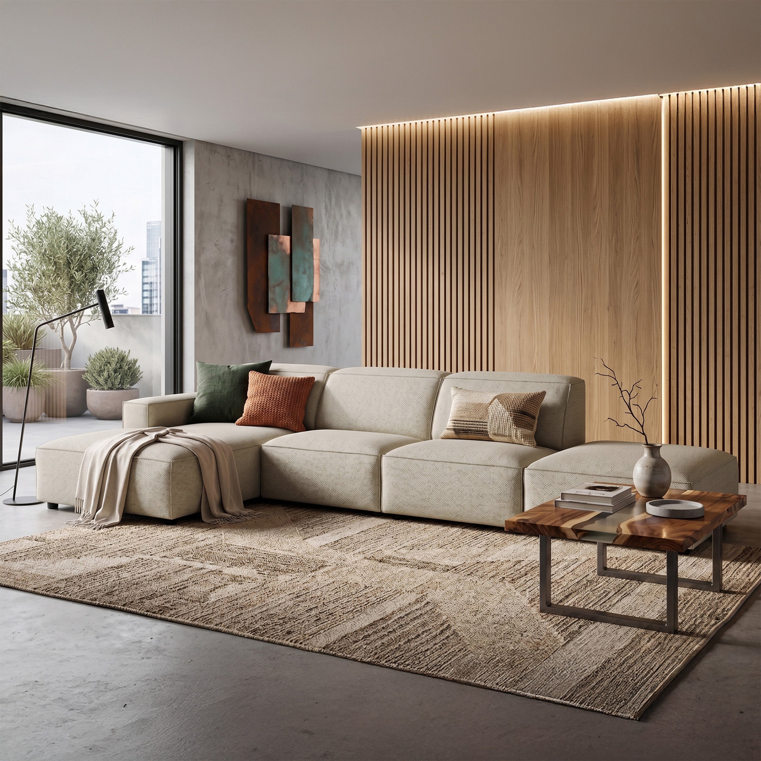 Modulares Ecksofa Sellmo, L-förmig, mit Hocker, linksseitig, grau-beige, hydrofober Chenille-Stoff