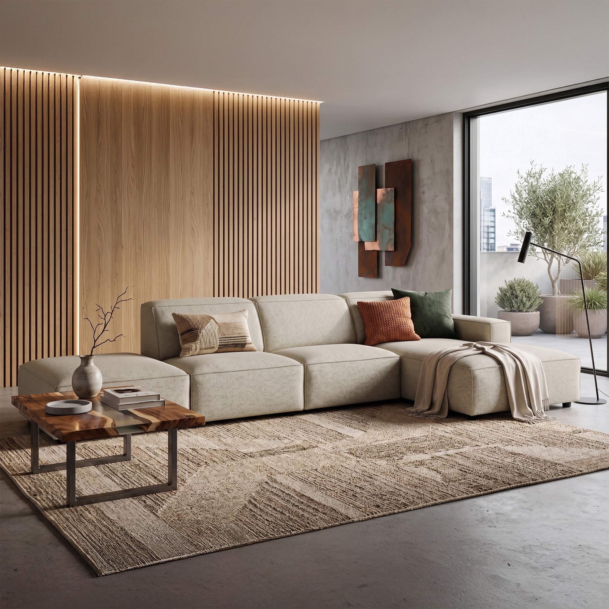 Modulares Ecksofa Sellmo, L-förmig, mit Hocker, rechtsseitig, grau-beige, hydrophober Chenillestoff