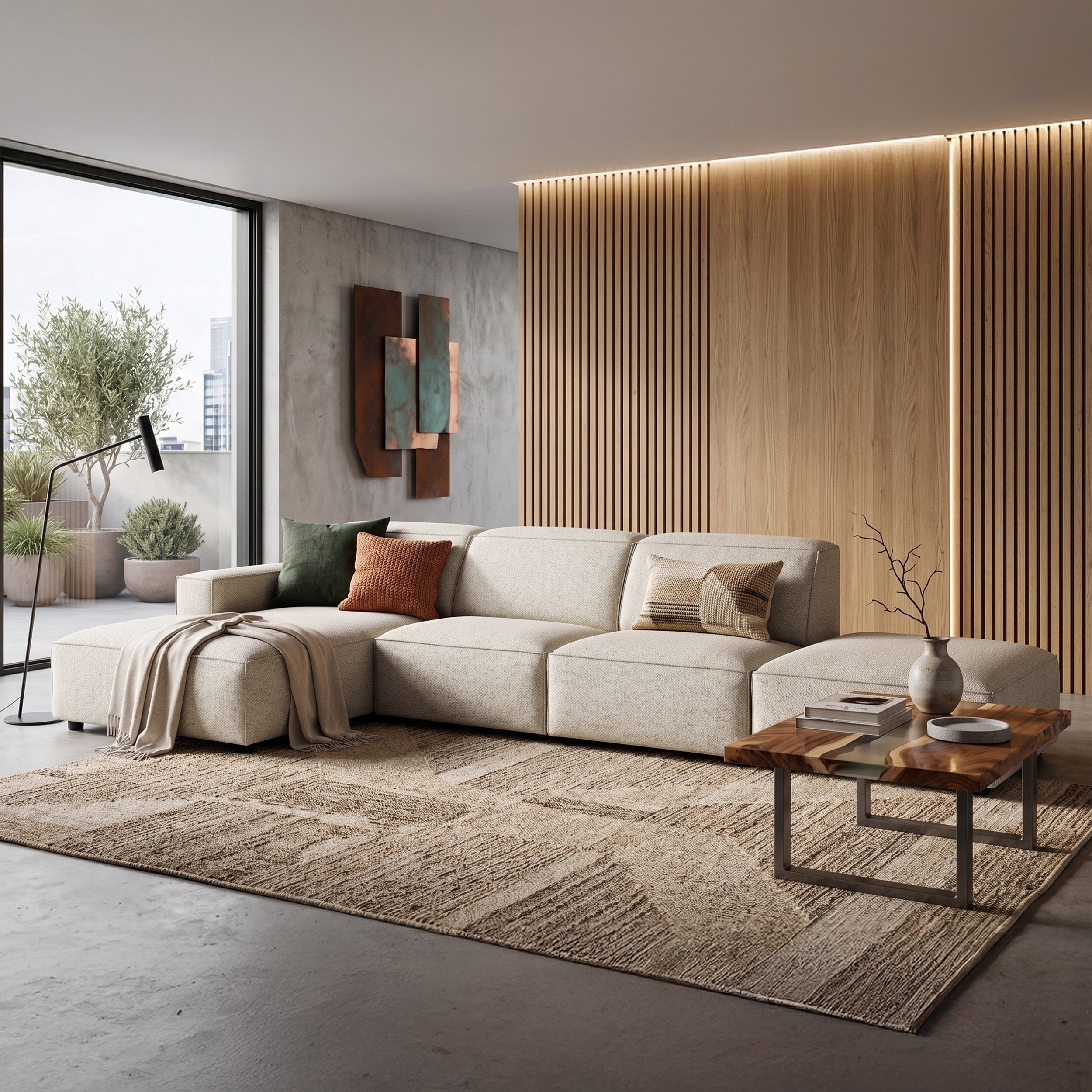 Modulares Ecksofa Sellmo L-förmig mit Pouf, linksseitig, cremefarben, hydrophobes Chenille
