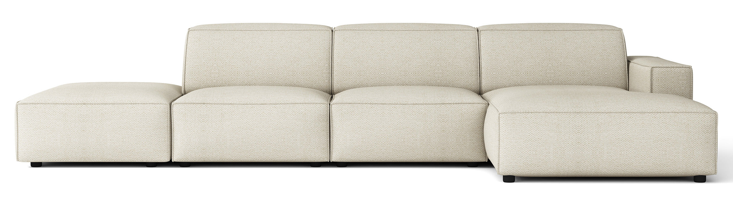 Modulares Ecksofa Sellmo, L-förmig, mit Pouf, rechtsseitig, cremefarben, hydrophobes Chenille