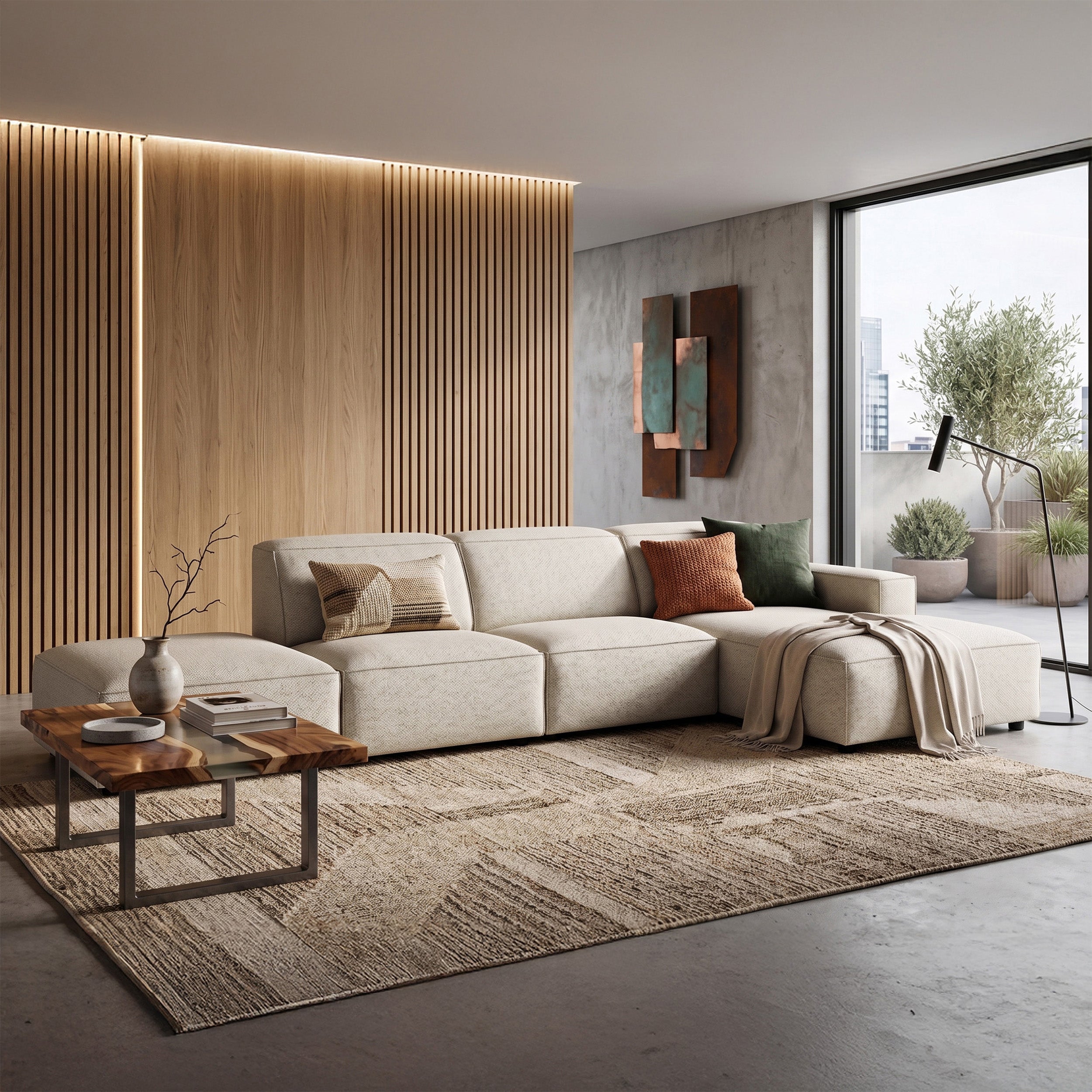 Modulares Ecksofa Sellmo, L-förmig, mit Pouf, rechtsseitig, cremefarben, hydrophobes Chenille