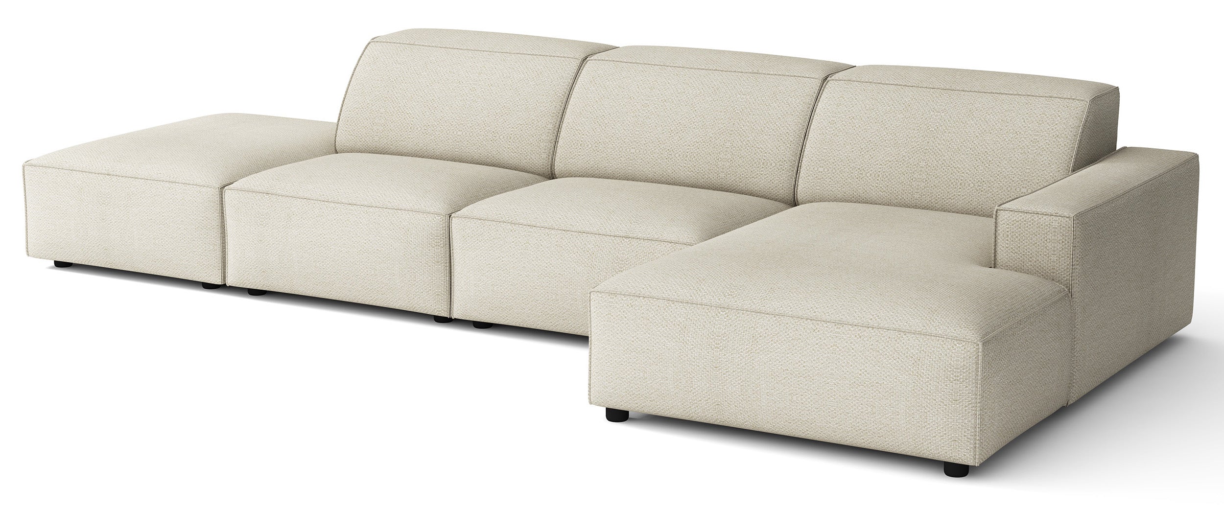 Modulares Ecksofa Sellmo, L-förmig, mit Pouf, rechtsseitig, cremefarben, hydrophobes Chenille