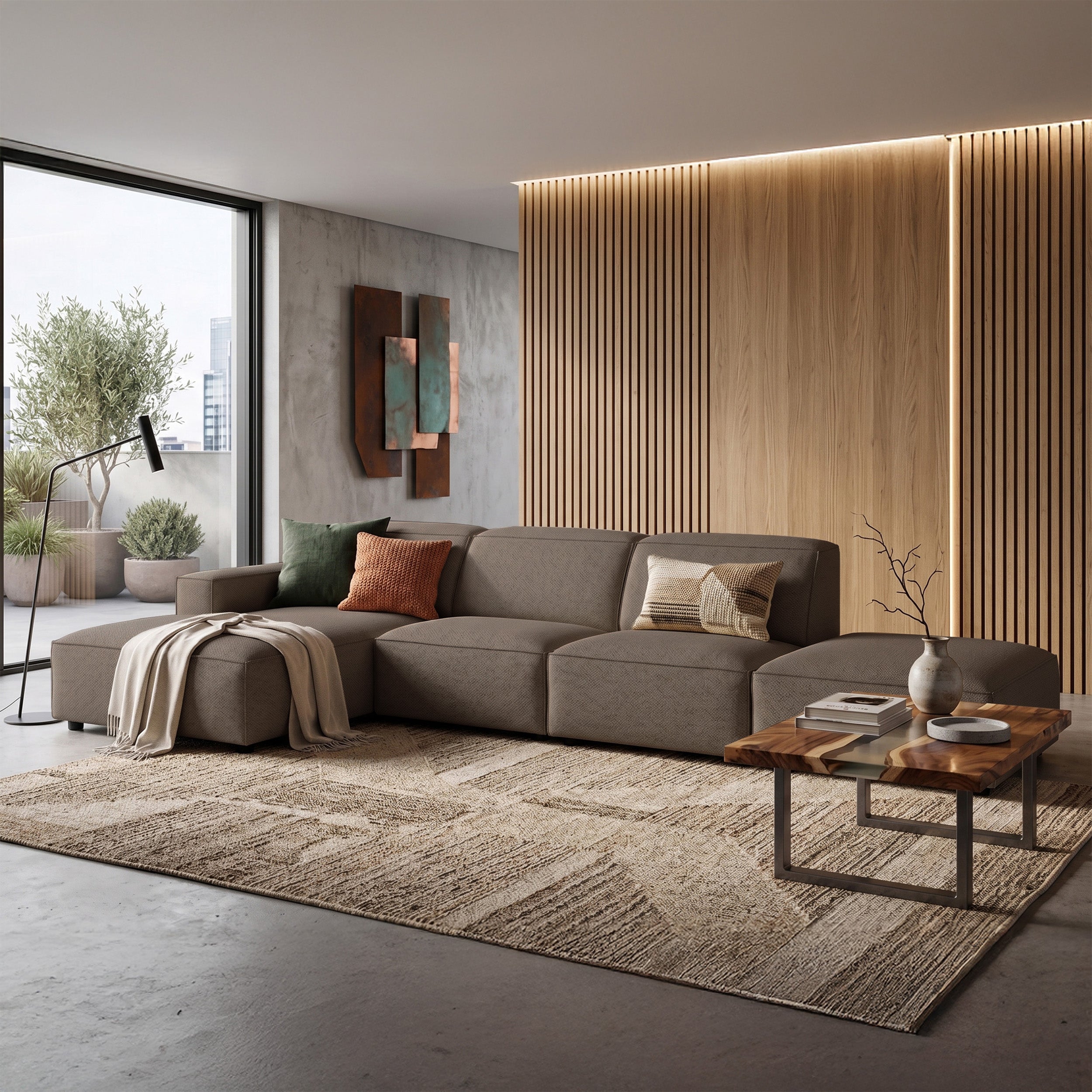 Modulare Eckcouch Sellmo L-förmig mit Hocker, linksseitig, hellbrauner hydrophober Chenille-Stoff