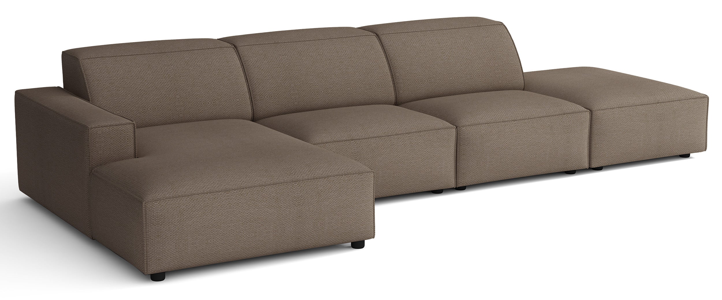Modulare Eckcouch Sellmo L-förmig mit Hocker, linksseitig, hellbrauner hydrophober Chenille-Stoff