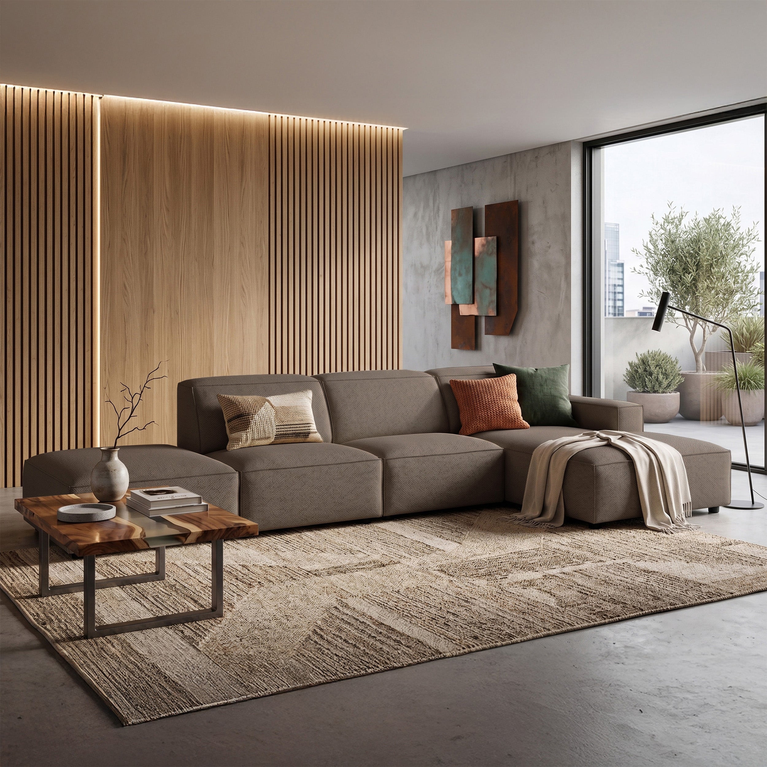 Modulares Ecksofa Sellmo L-förmig mit Ottomane, rechtsseitig, hellbrauner hydrofober Chenillestoff