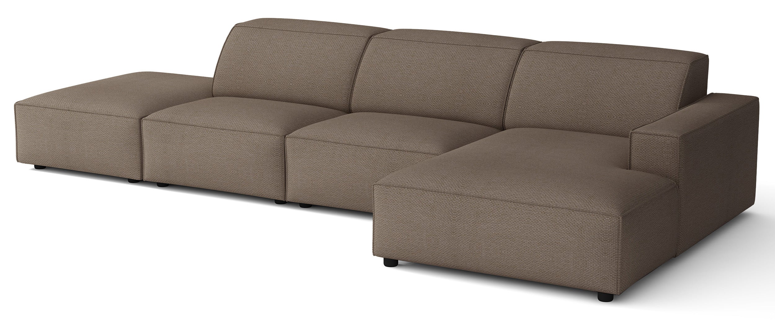 Modulares Ecksofa Sellmo L-förmig mit Ottomane, rechtsseitig, hellbrauner hydrofober Chenillestoff