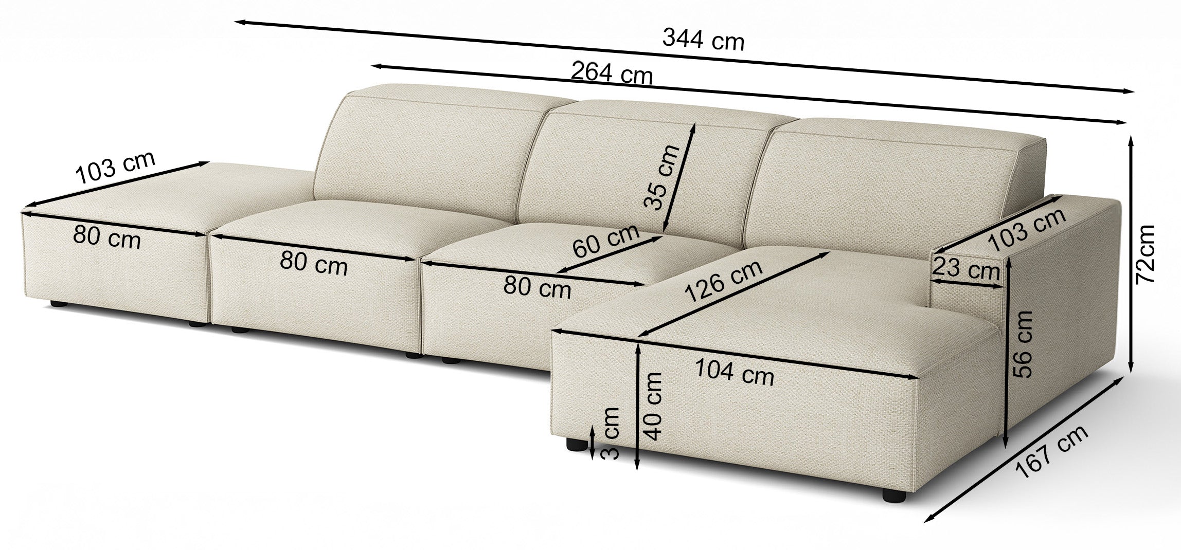 Modulares Ecksofa Sellmo, L-förmig, mit Hocker, rechtsseitig, grau-beige, hydrophober Chenillestoff