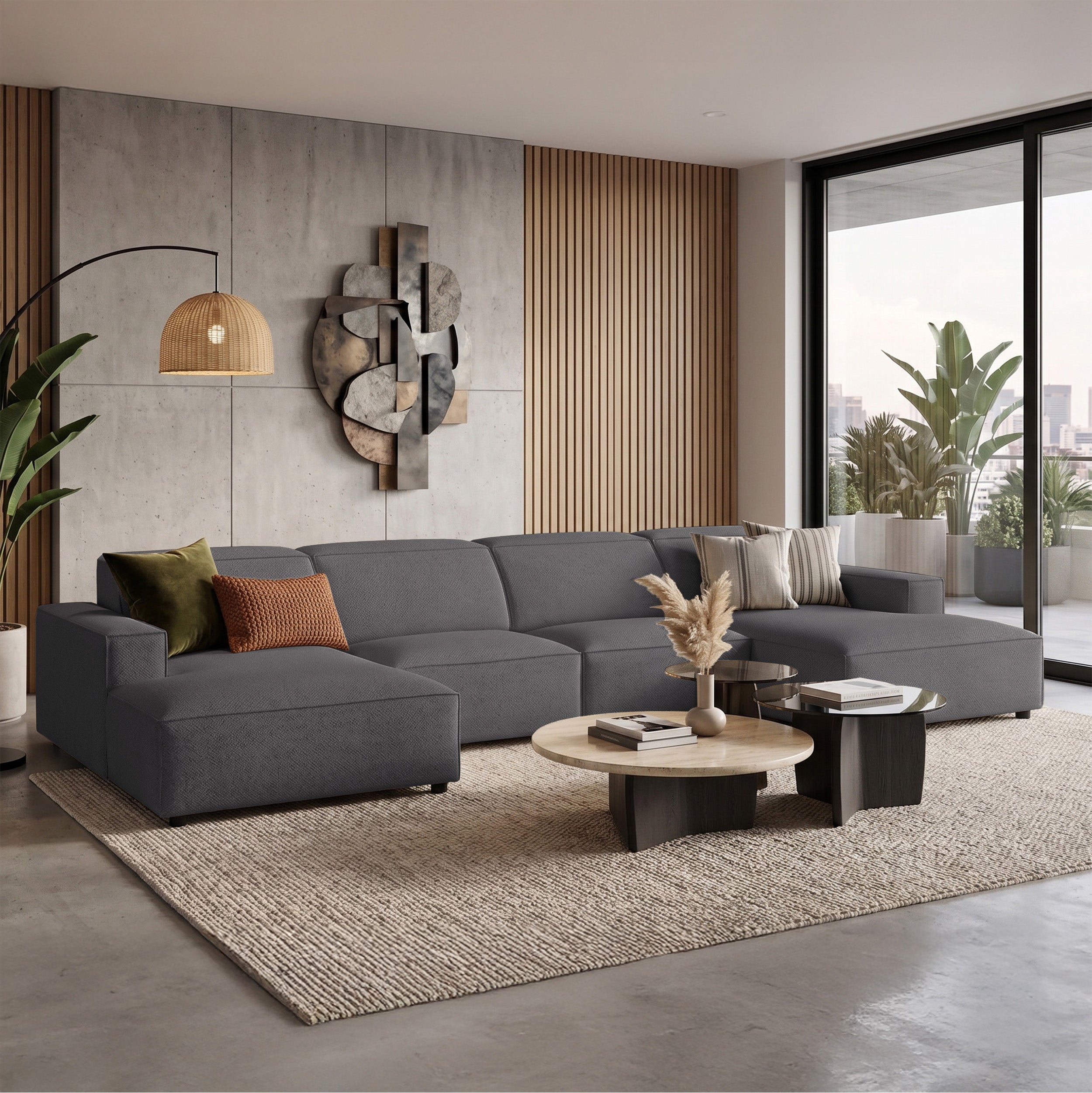 Modulares Ecksofa Sellmo U-förmig universell dunkelgrauer hydrophober Chenillestoff