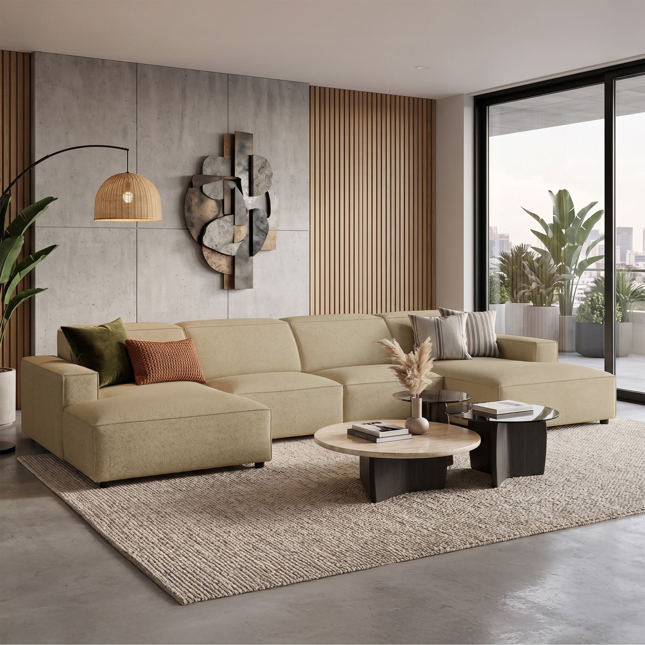 Modulares Ecksofa Sellmo U-förmig universell dunkelbeige hydrophobes Chenille