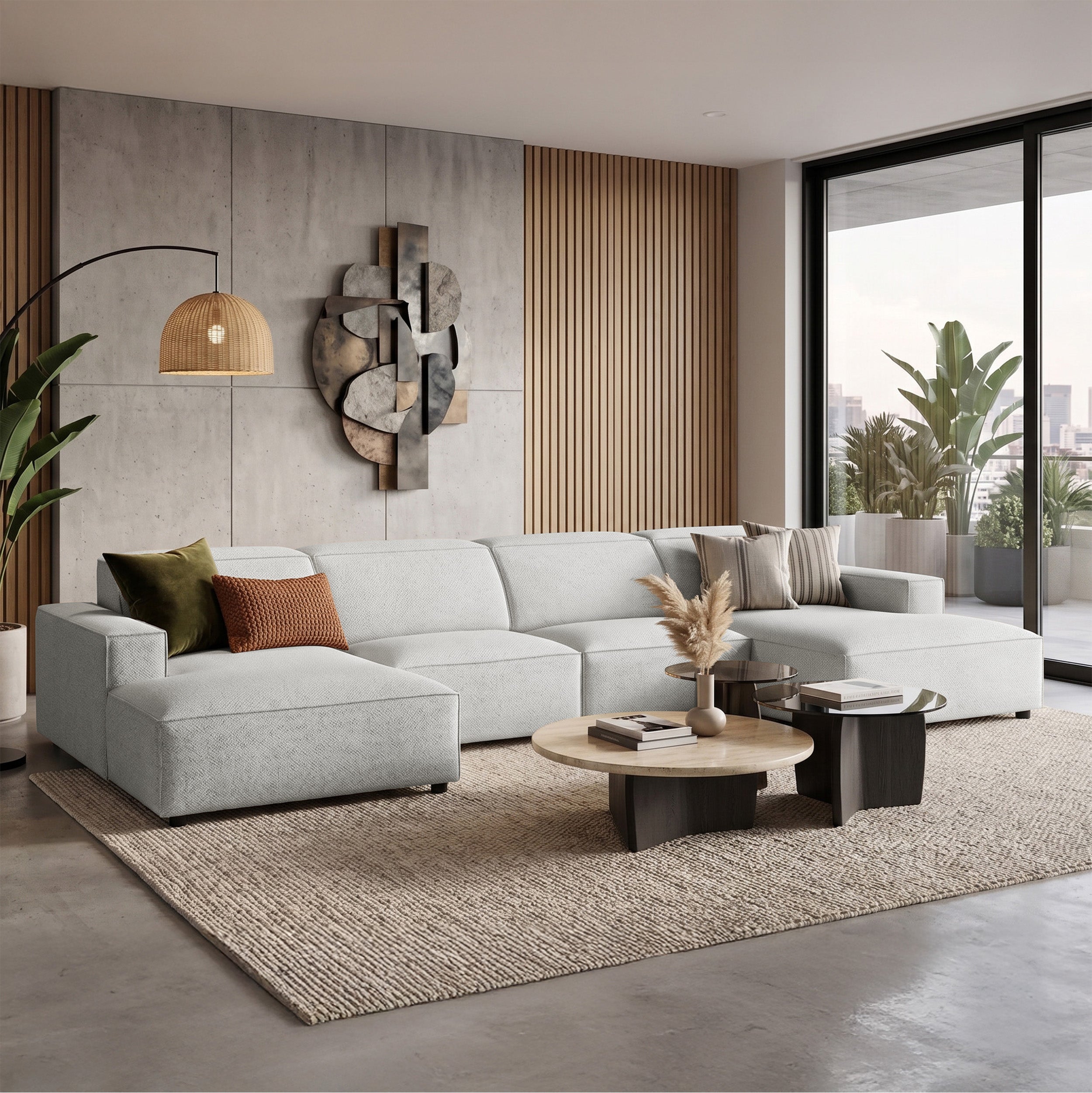 Modulares Ecksofa Sellmo U-förmig universal hellgrauer hydrophober Chenillestoff