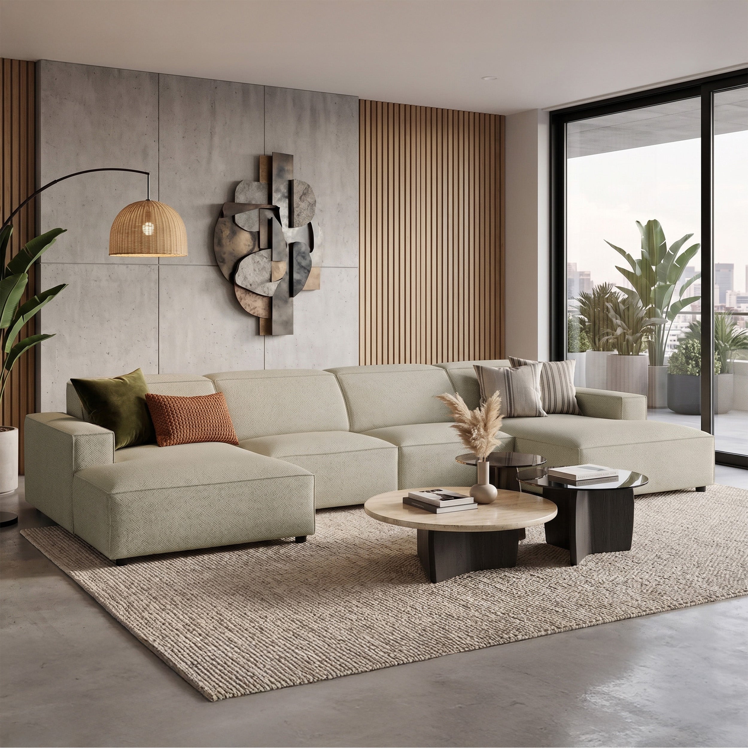 Modulares Ecksofa Sellmo U-förmig universell hellgraubeige, hydrophobes Chenille