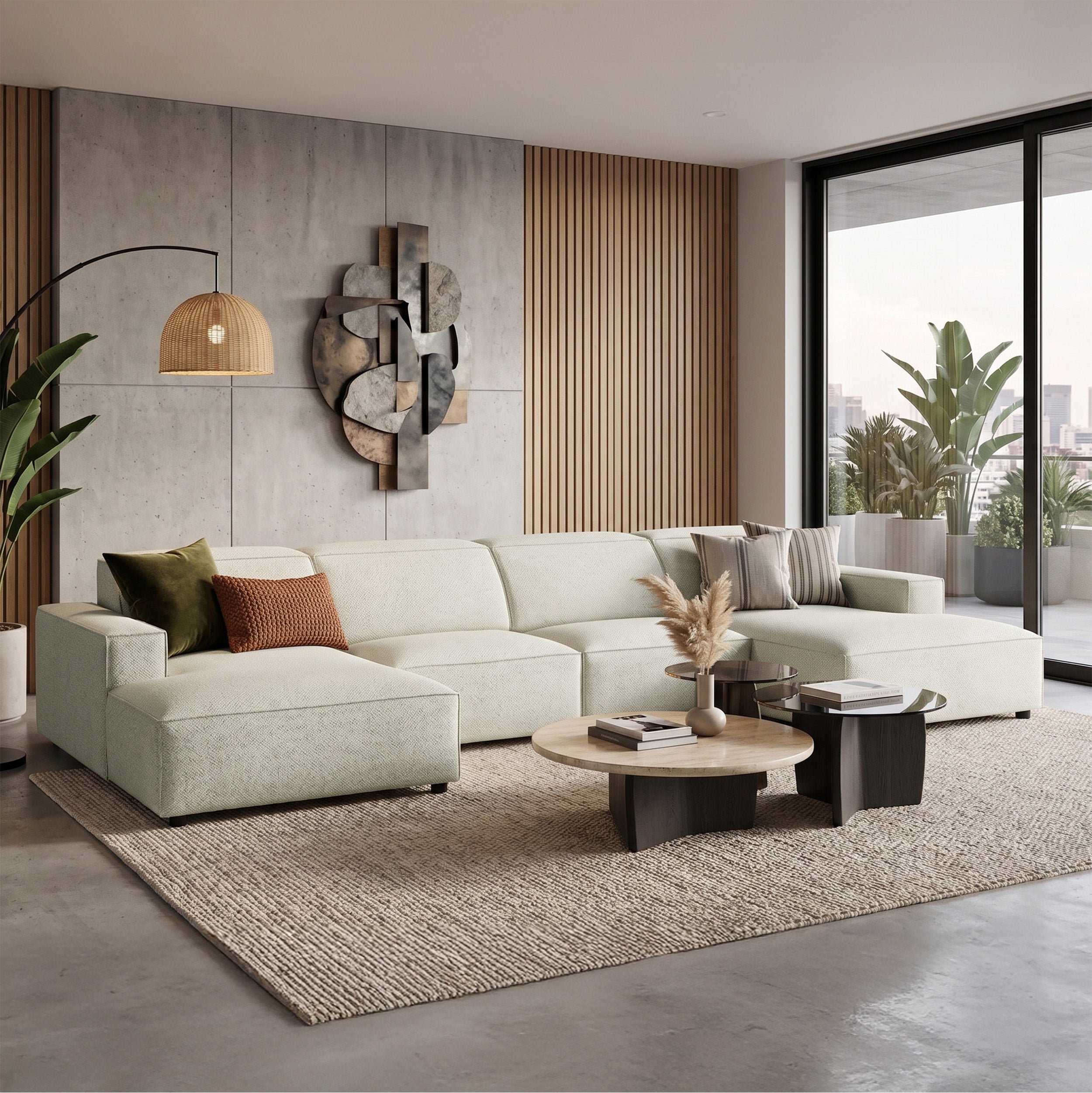 Modulares Ecksofa Sellmo U-förmig universal cremefarben, hydrophobes Chenille