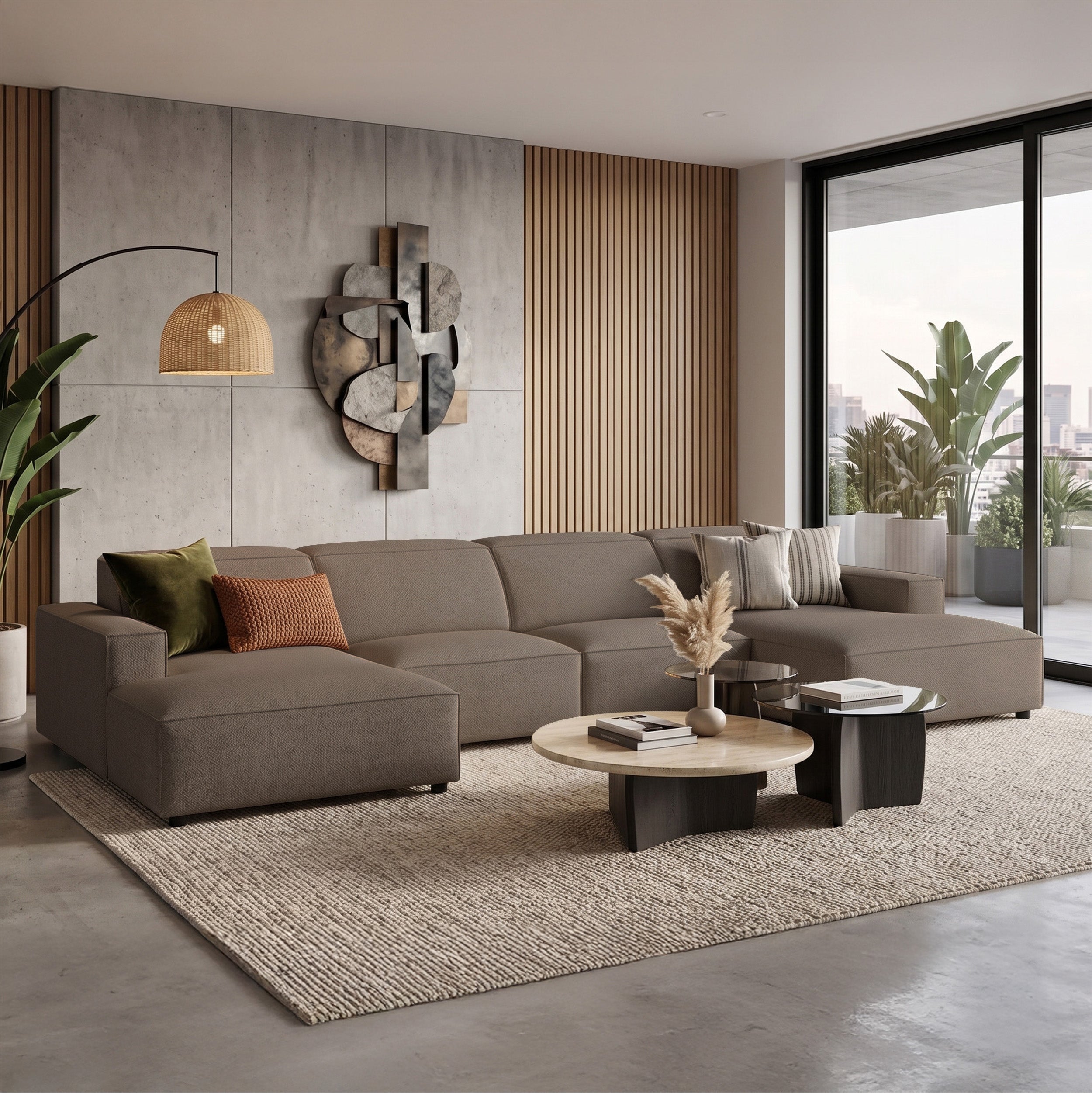 Modulares Ecksofa Sellmo, U-förmig, universell, hellbraun, hydrophobes Chenille