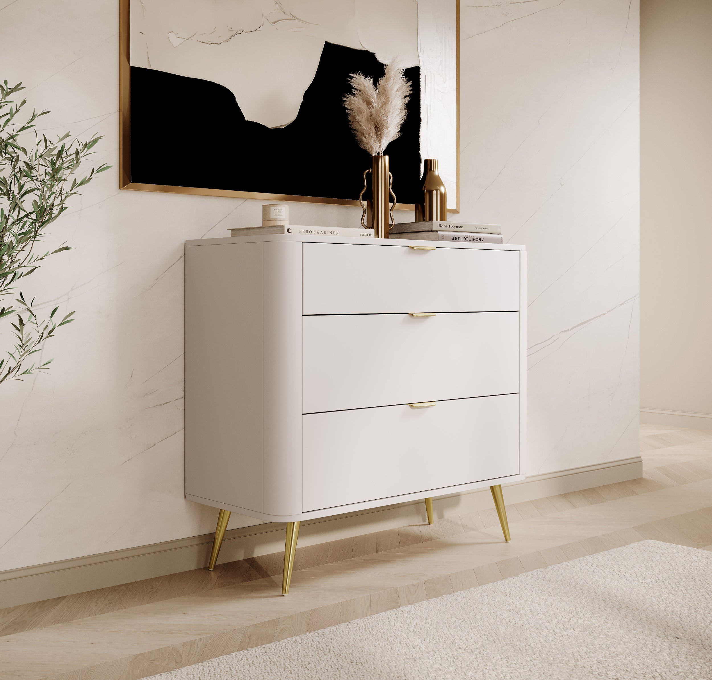 Ovaler Kommode mit drei Schubladen 92 cm Weiß