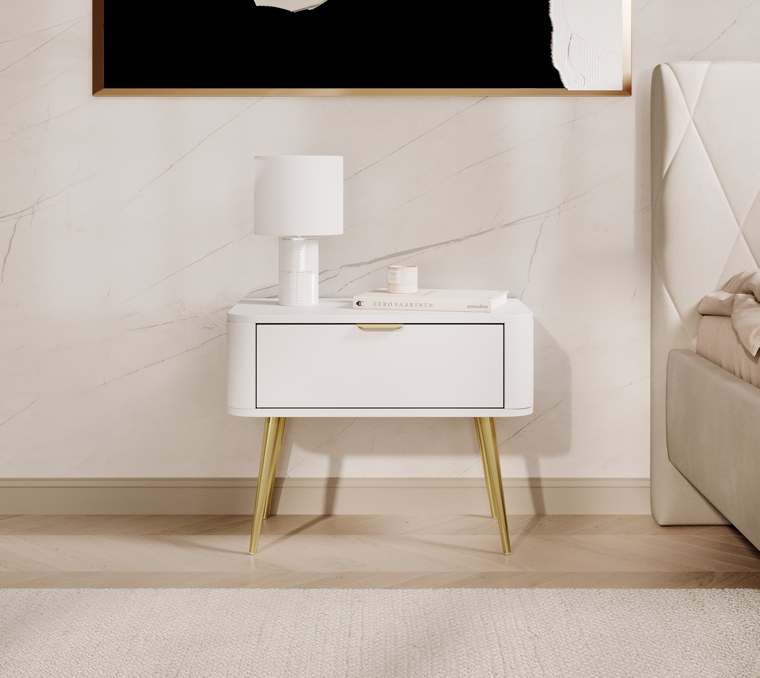 Ovaler Nachttisch mit Schublade 63 cm Weiß