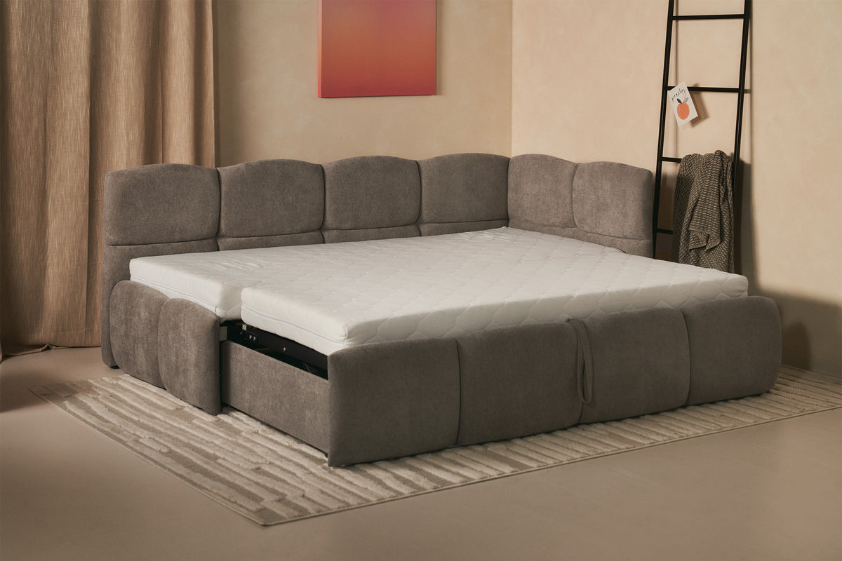 Jugendbett 90x200 cm Cloudy, ausziehbar, rechtsseitig, mit Matratzen, hellbrauner Chenille
