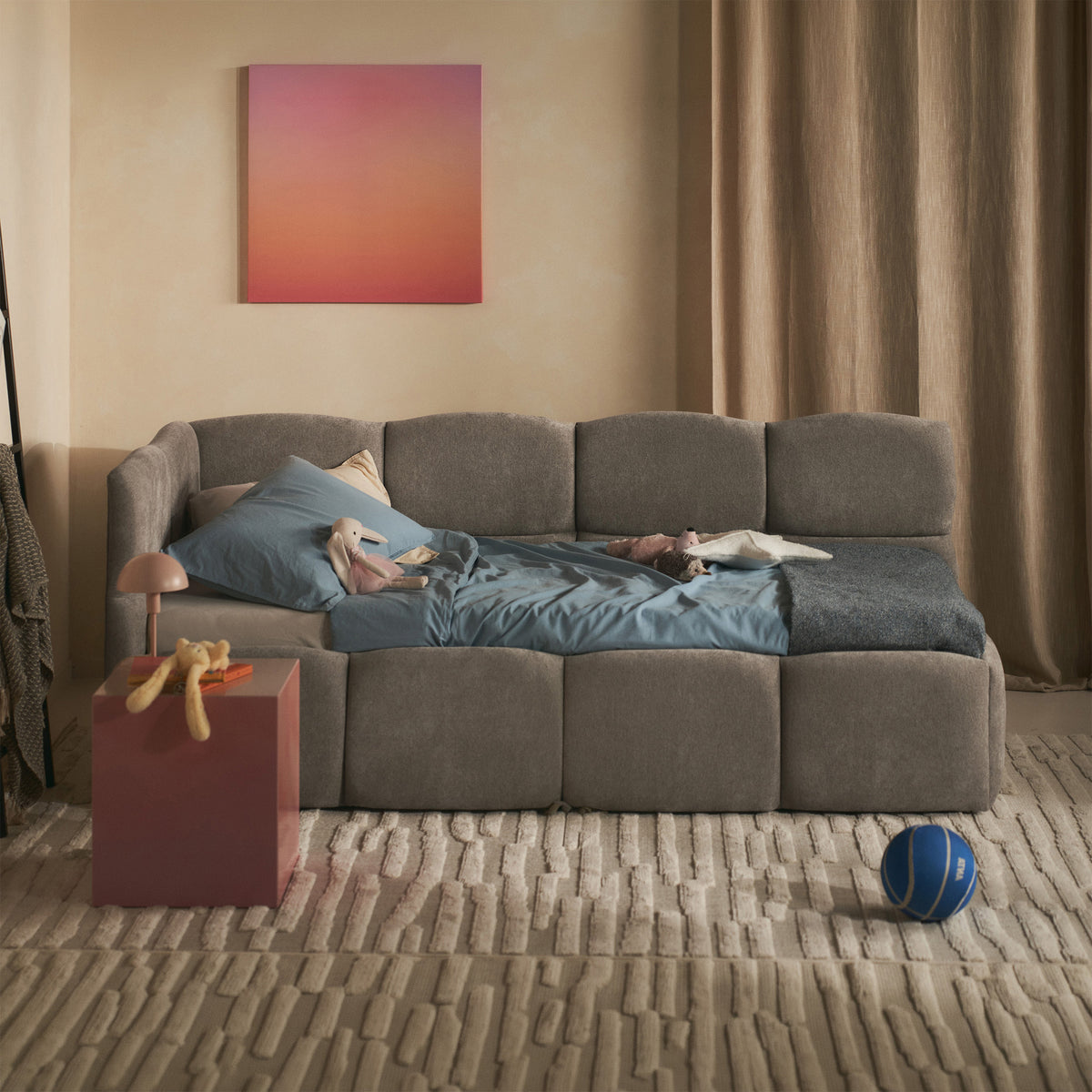Jugendbett 90x200 cm Cloudy, ausziehbar, linksseitig, mit Matratzen, hellbrauner Chenille