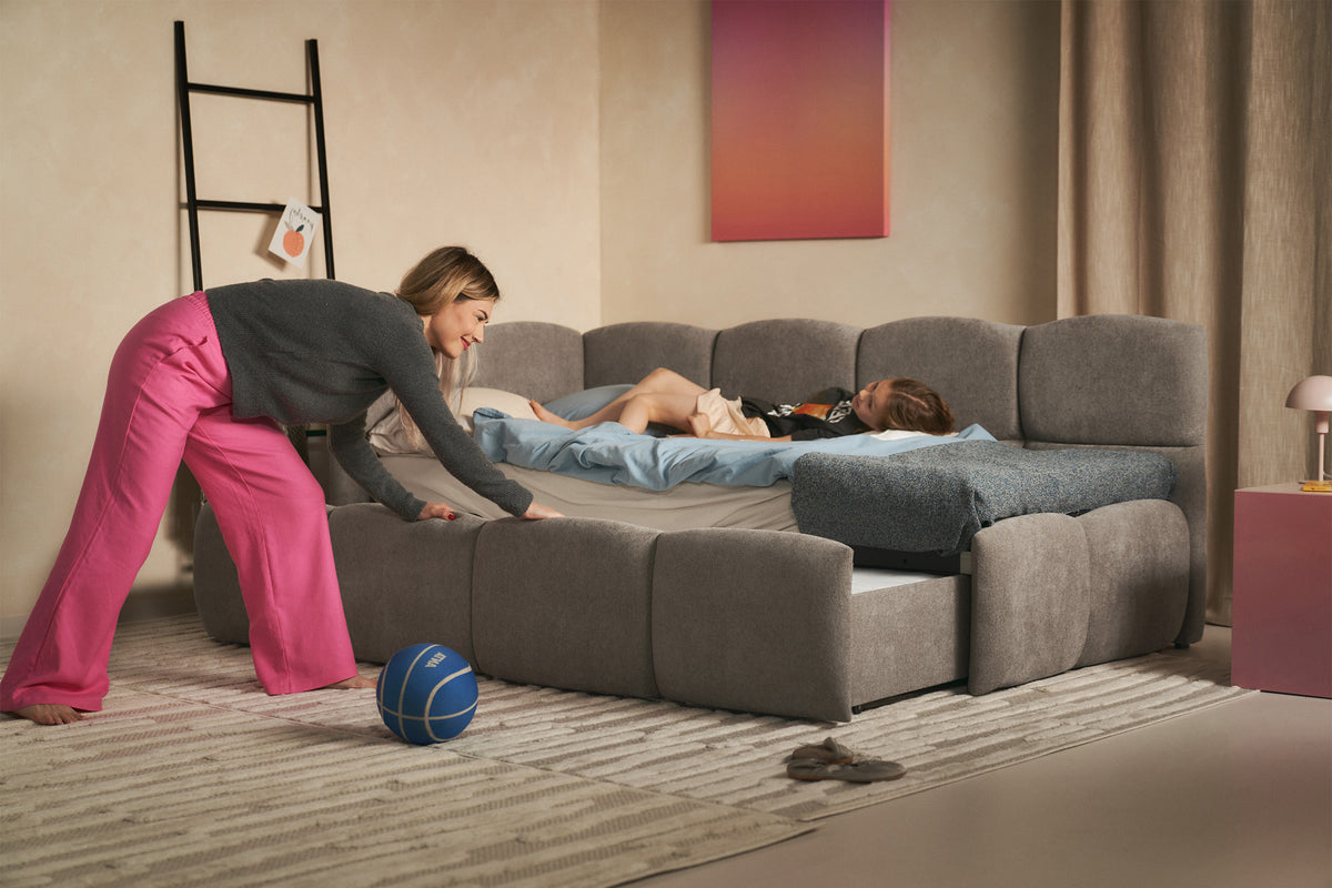 Jugendbett 90x200 cm Cloudy, ausziehbar, linksseitig, mit Matratzen, hellbrauner Chenille