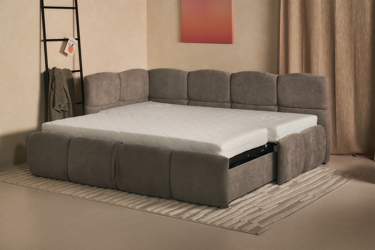 Jugendbett 90x200 cm Cloudy, ausziehbar, linksseitig, mit Matratzen, hellbrauner Chenille