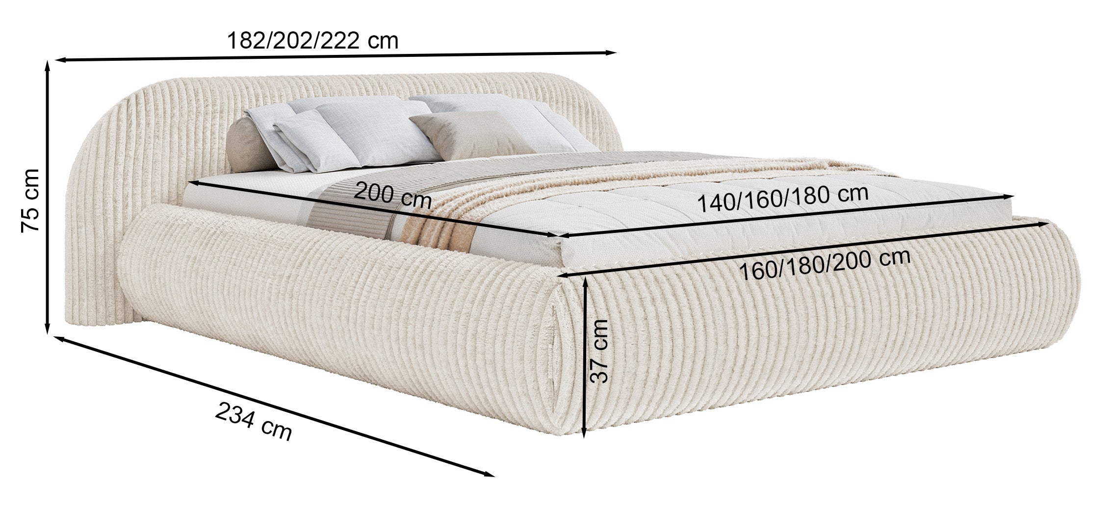 Gepolstertes Bett 160x200 cm Shels Low in grauem Bouclé