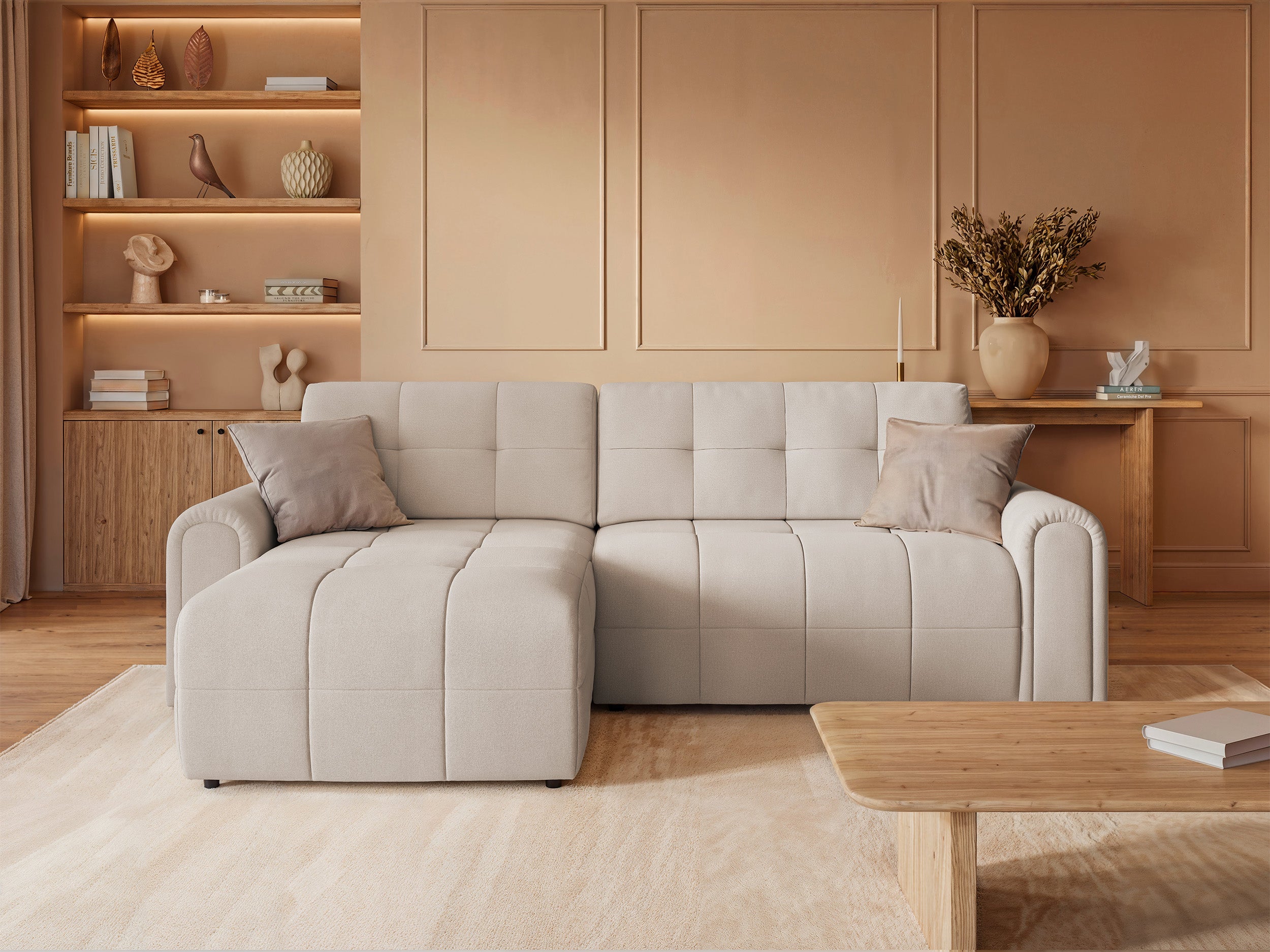 Simolla Ecksofa mit Schlaffunktion, L-Form, linksseitig, mit Stauraum, cremefarbenes Chenille