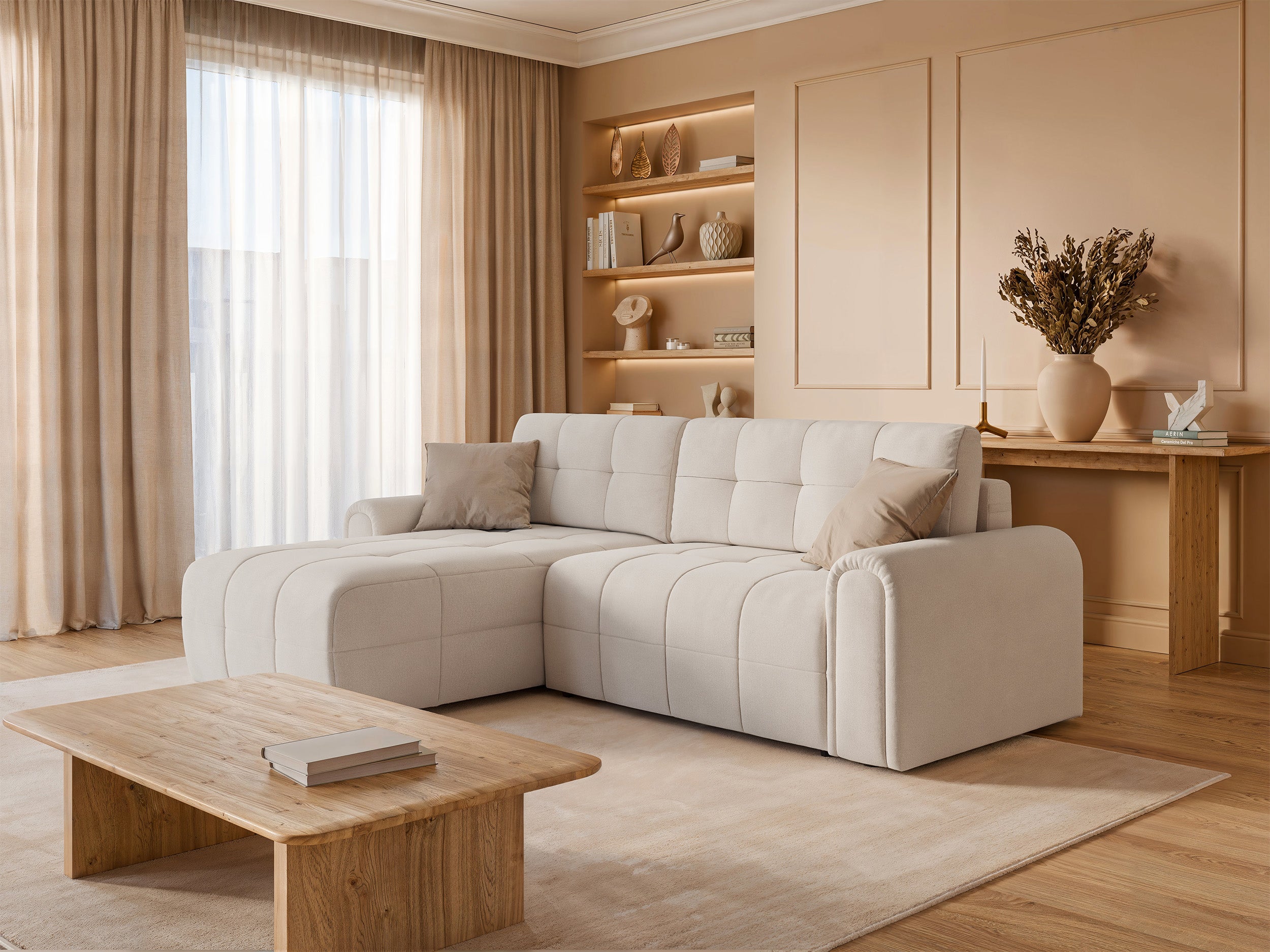 Simolla Ecksofa mit Schlaffunktion, L-Form, linksseitig, mit Stauraum, cremefarbenes Chenille
