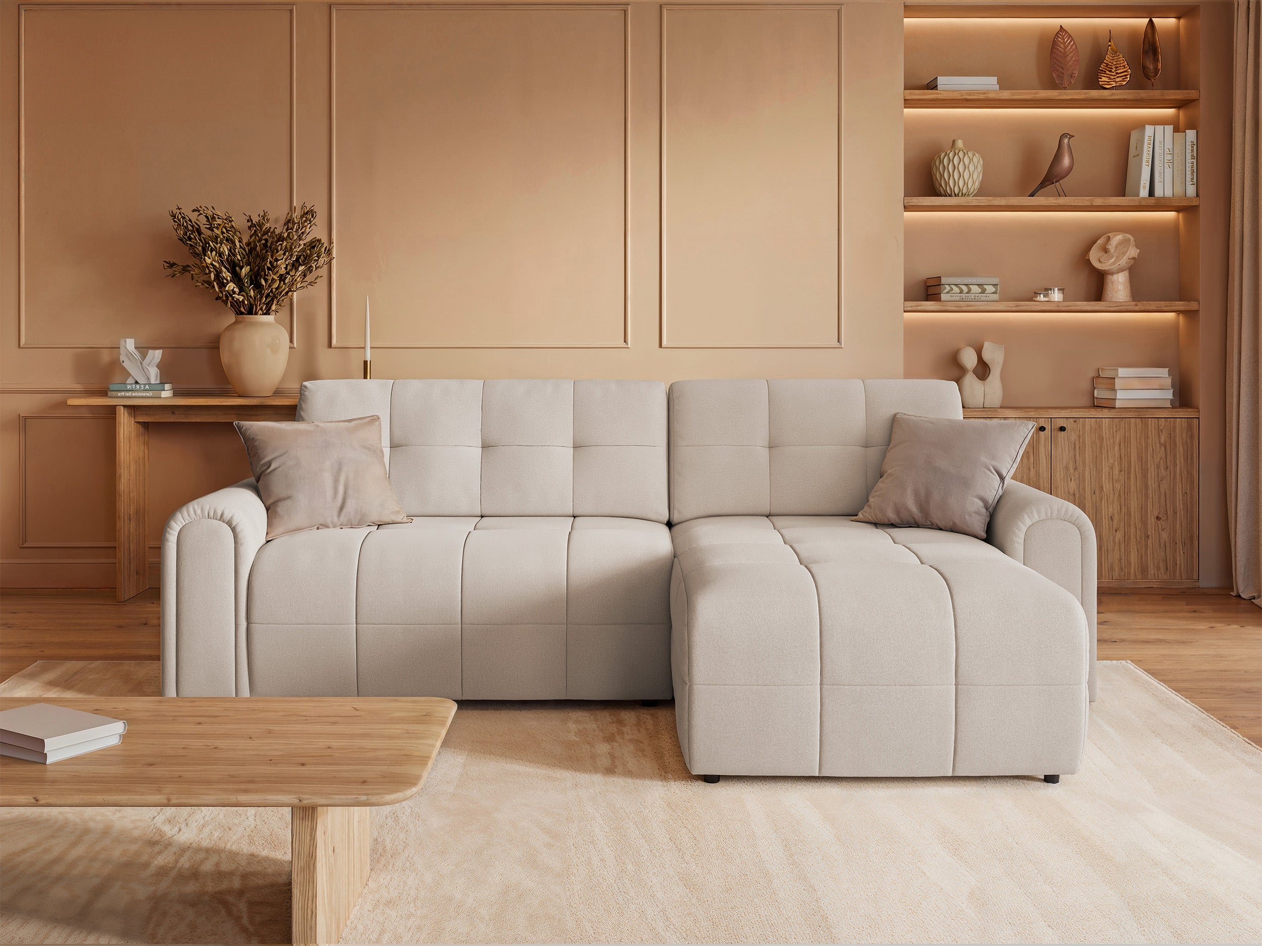 Ecksofa mit Schlaffunktion Simolla, L-förmig, rechtsseitig, mit Stauraum, cremefarbener Chenille-Bezug
